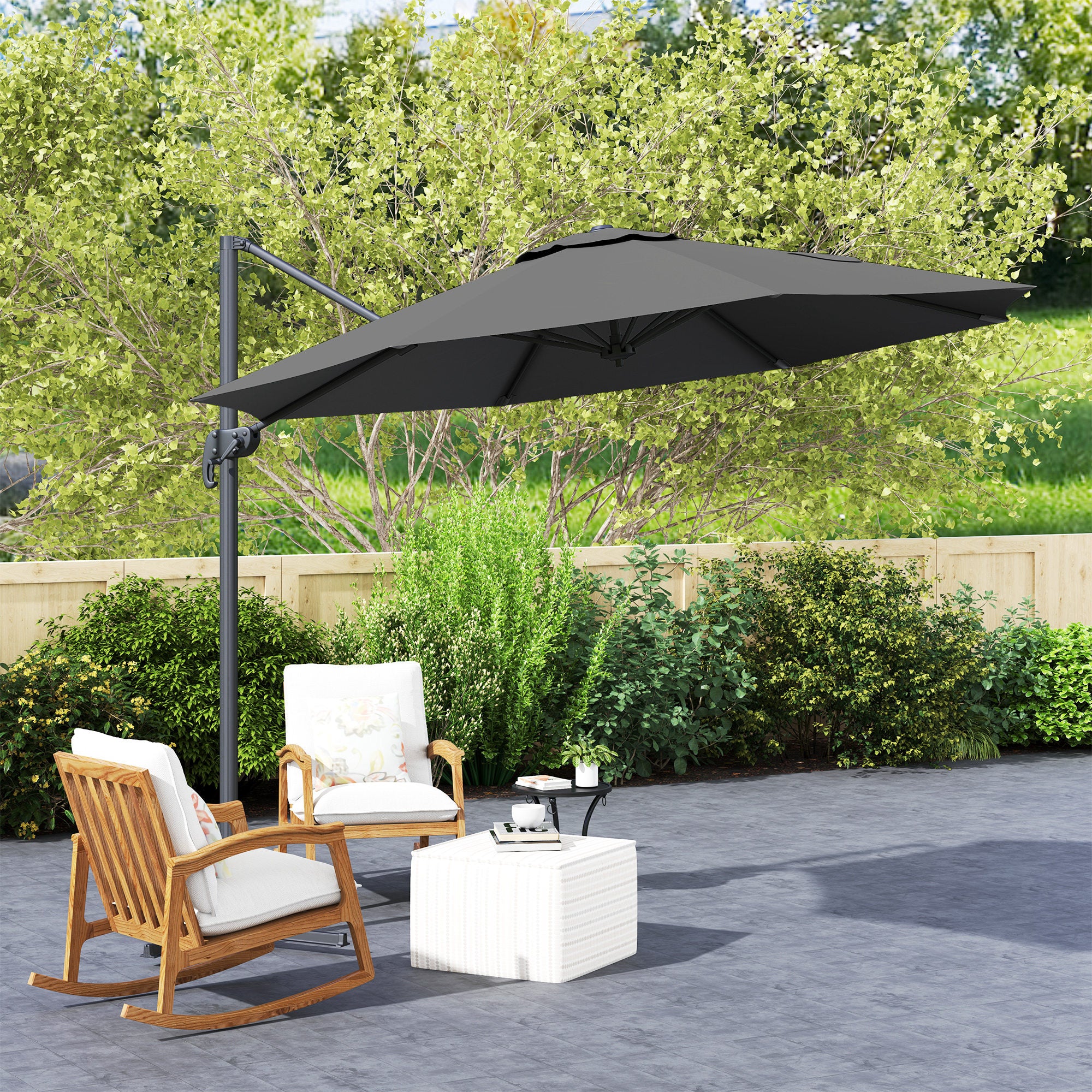 Outsunny 3 x 3(m) Cantilever Parasol with Cross Base, Garden Umbrella with 360° Rotation, Crank Handle and Tilt for Outdoor, Black - North Peak Garden Furniture
