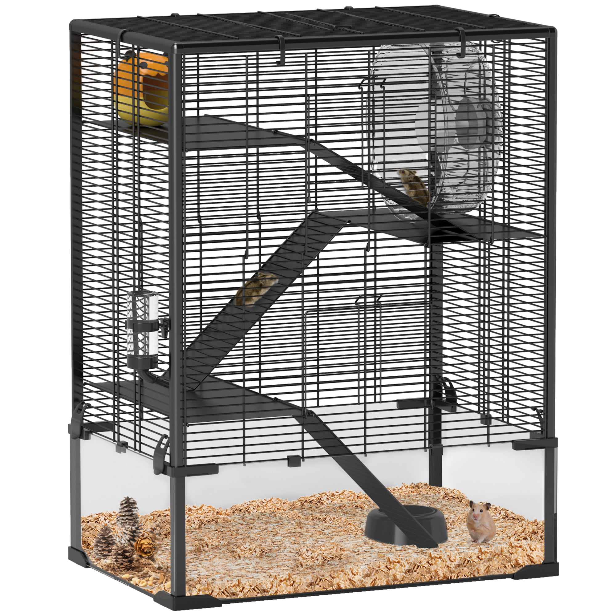 PawHut 4 Tiers Hamster Cage with Deep Tempered Glass Bottom, Hut, Running Wheel, Food Dish, Water Bottle, 60 x 40 x 80cm - North Peak Garden Furniture