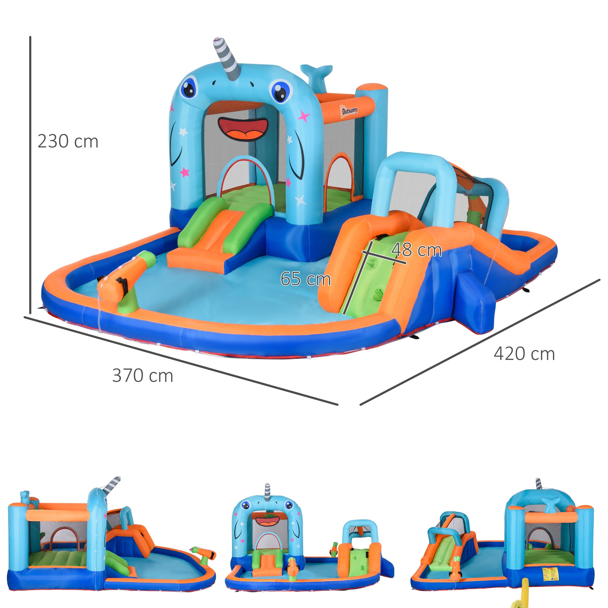 Outsunny Kids Inflatable Bouncy Castle, Narwhal Style Bouncy House, with Inflator, Carry