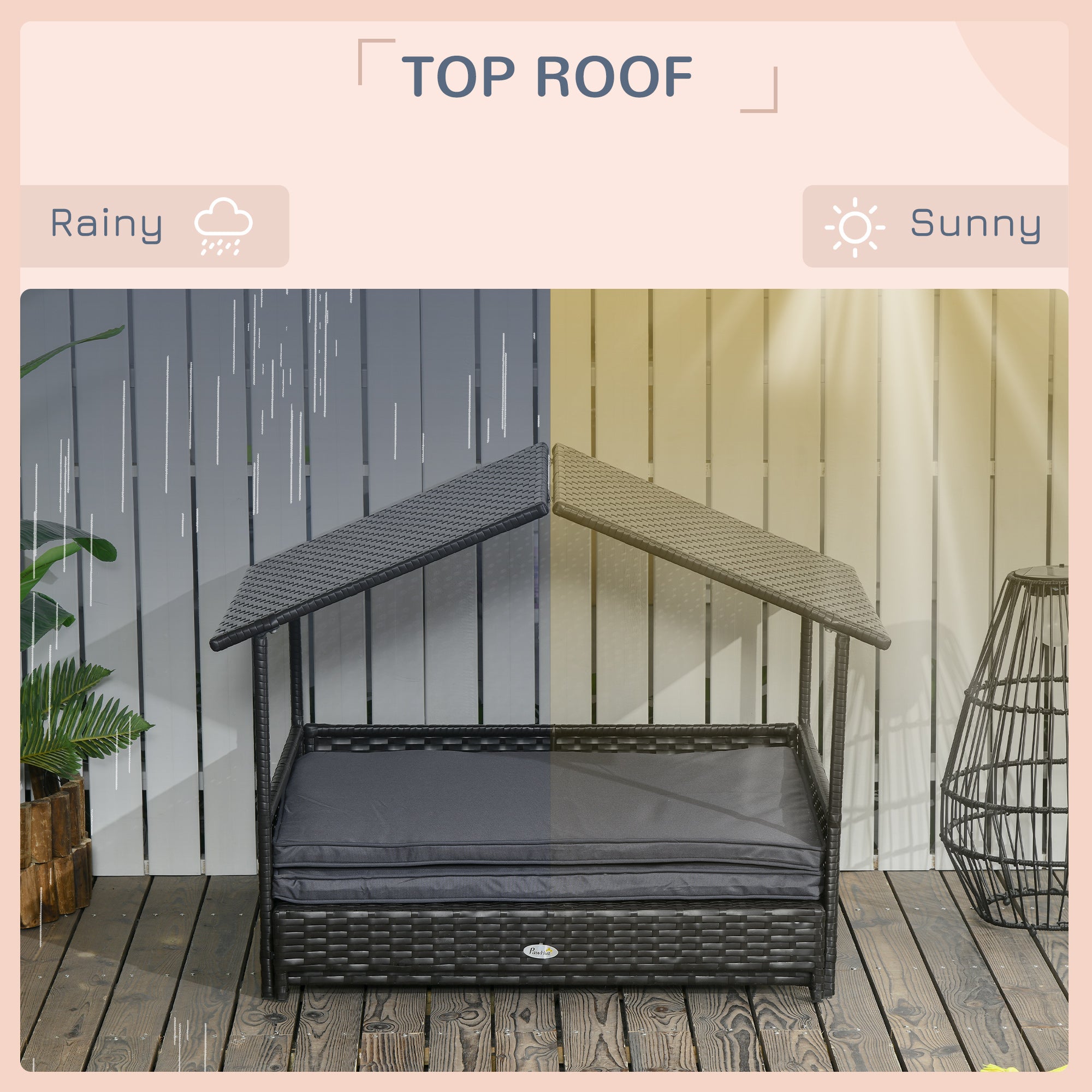 PawHut Extendable Elevated Dog Bed, Rattan Dog House w/ Water-Resistant Roof, Removable Cushion, for Small, Medium Dogs - Grey - North Peak Garden Furniture