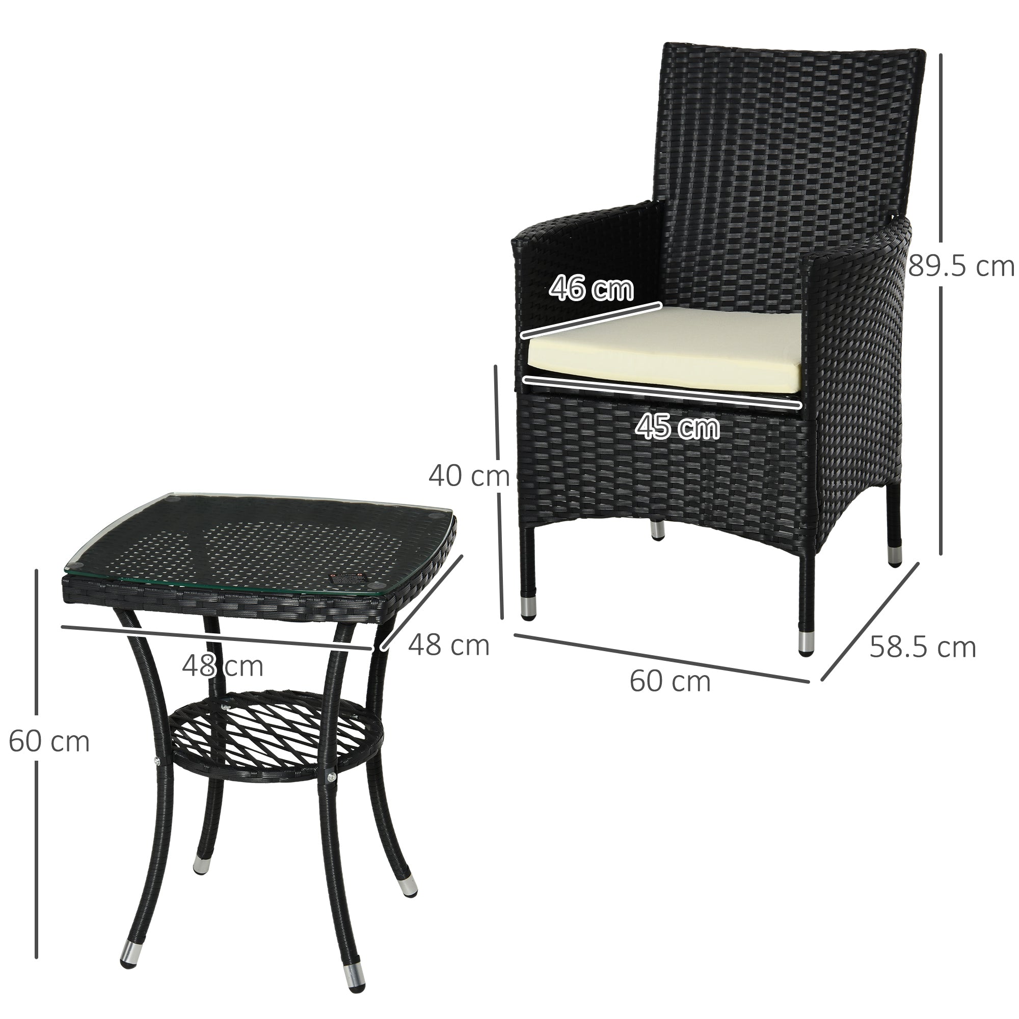 Outsunny 3 Pieces Rattan Bistro Set, Wicker Garden Furniture Set with 2-Tier Coffee Table and Chairs, Cushions, for Outdoor Patio Balcony, Black - North Peak Garden Furniture