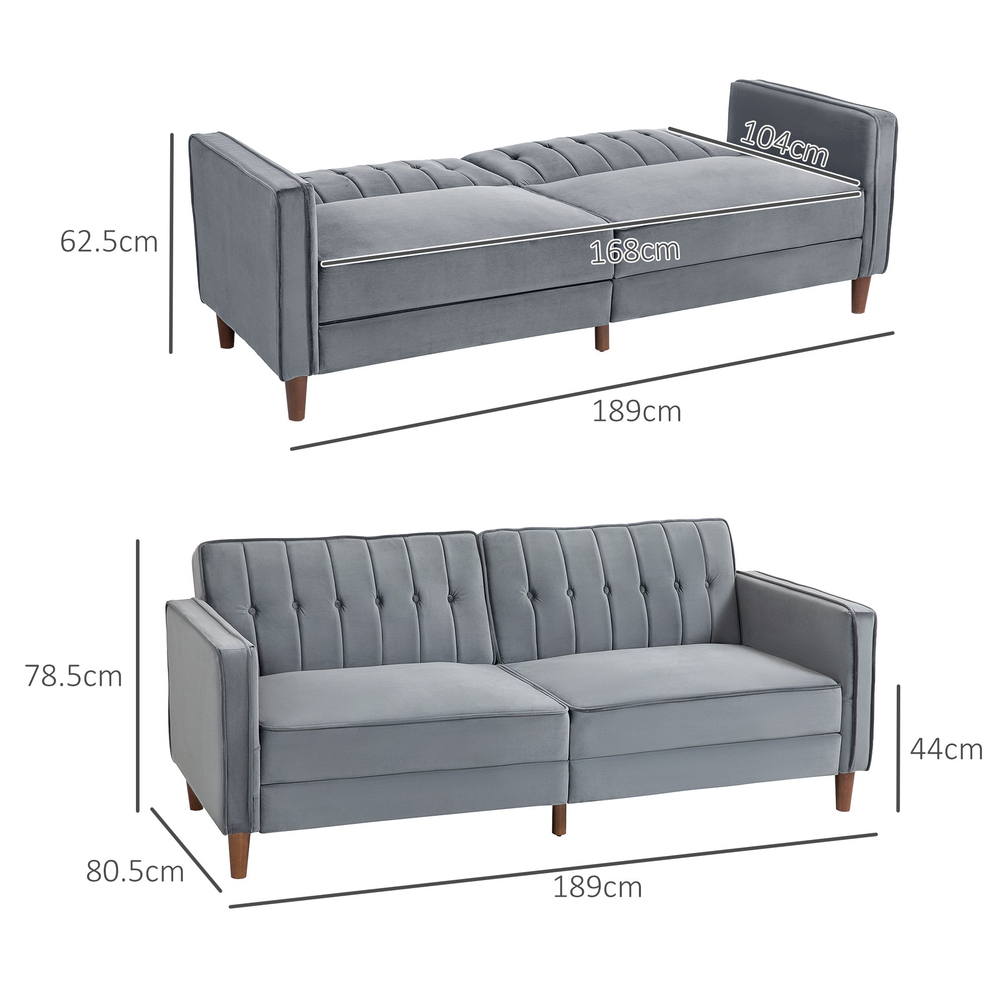 HOMCOM Velvet-Feel Three-Seater Sofa Bed - Dark Grey - North Peak Garden Furniture