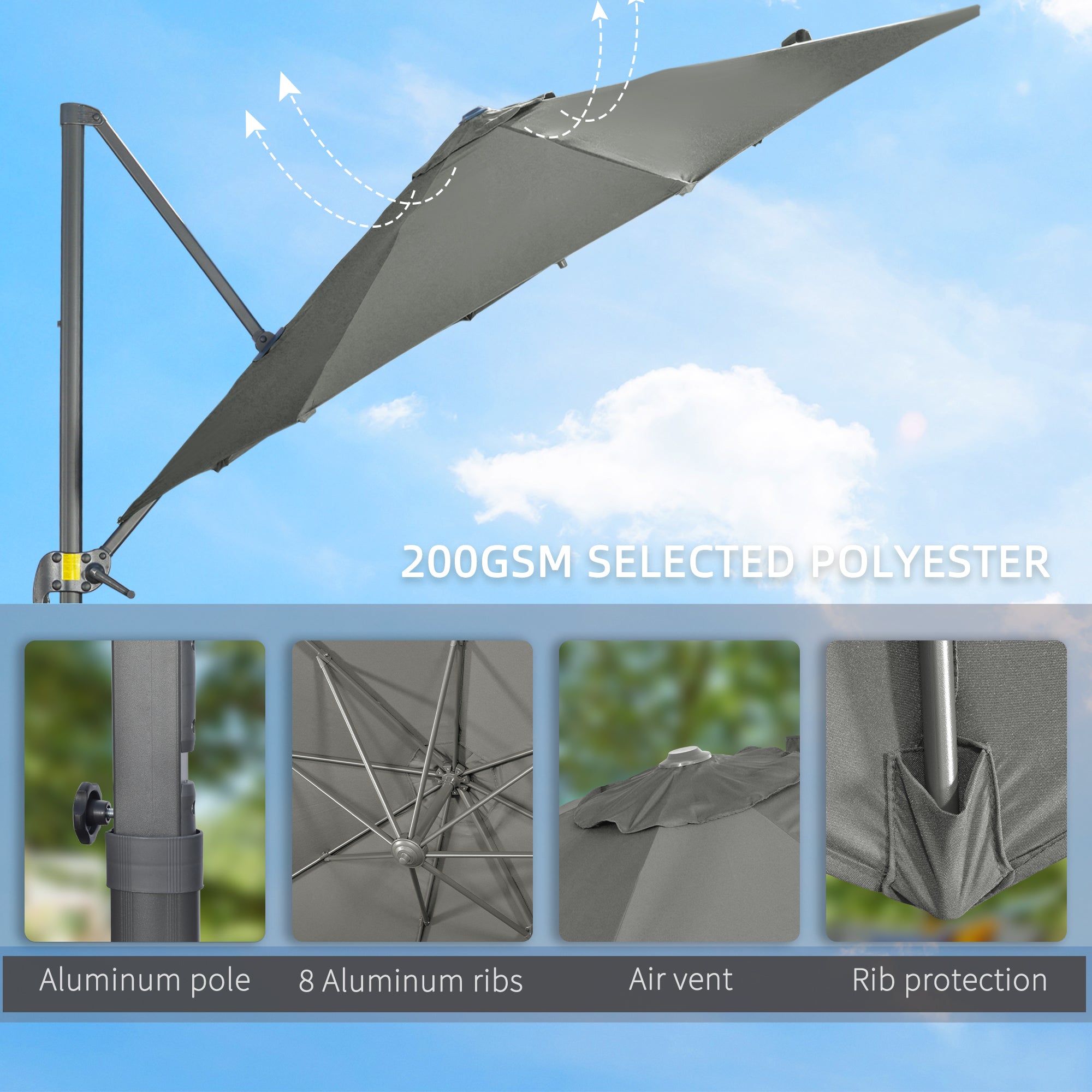 Outsunny 3 x 3(m) Cantilever Parasol with Cross Base, Garden Umbrella with 360° Rotation, Crank Handle and Tilt for Outdoor, Patio, Grey - North Peak Garden Furniture