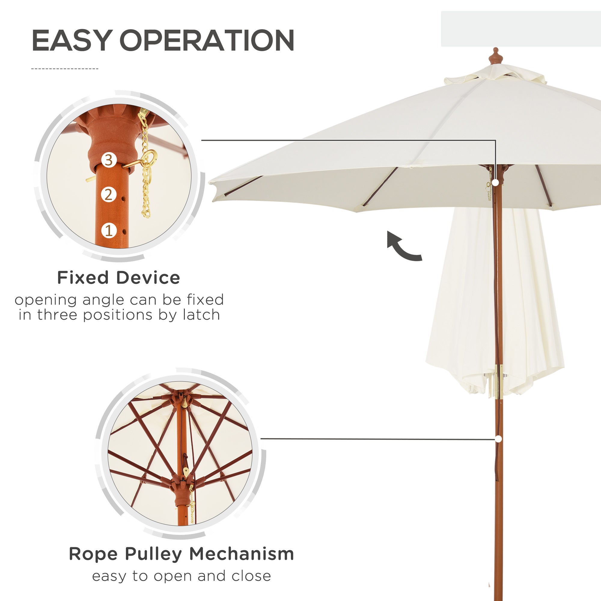 Outsunny 2.5m Garden Parasol Umbrella, Outdoor Market Table Umbrella with Wooden Pole & 8 Fibre Glass Ribs, Round Sun Shade Canopy, Off-White - North Peak Garden Furniture