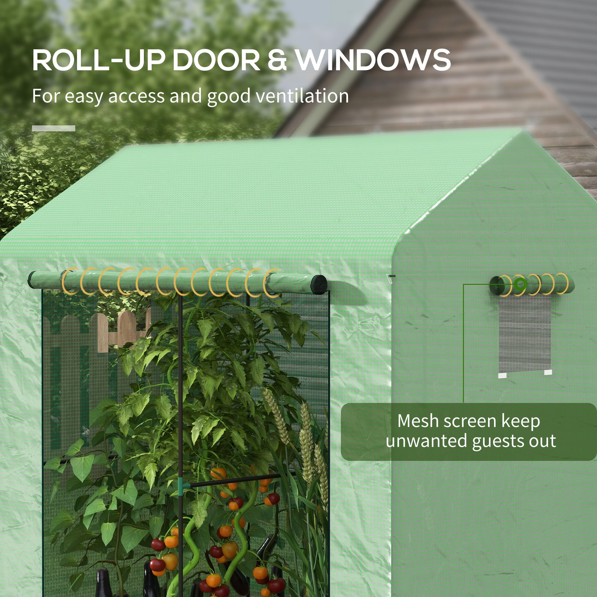 Outsunny Greenhouse, Walk-in Garden Grow House with Roll-up Door and Mesh Windows, 200 x 140 x 200cm, Green - North Peak Garden Furniture