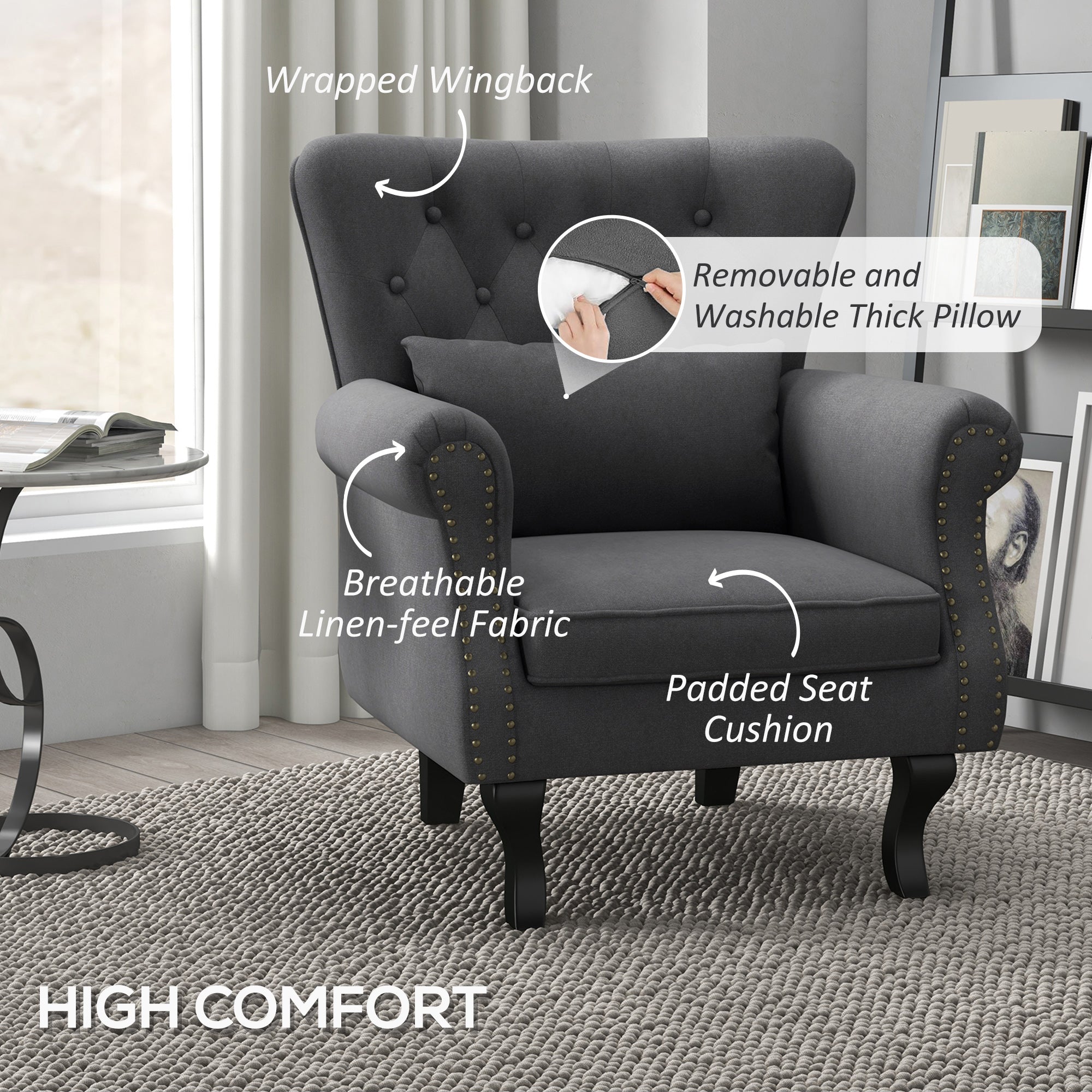 HOMCOM Chesterfield-Style Accent Chair - Grey - North Peak Garden Furniture