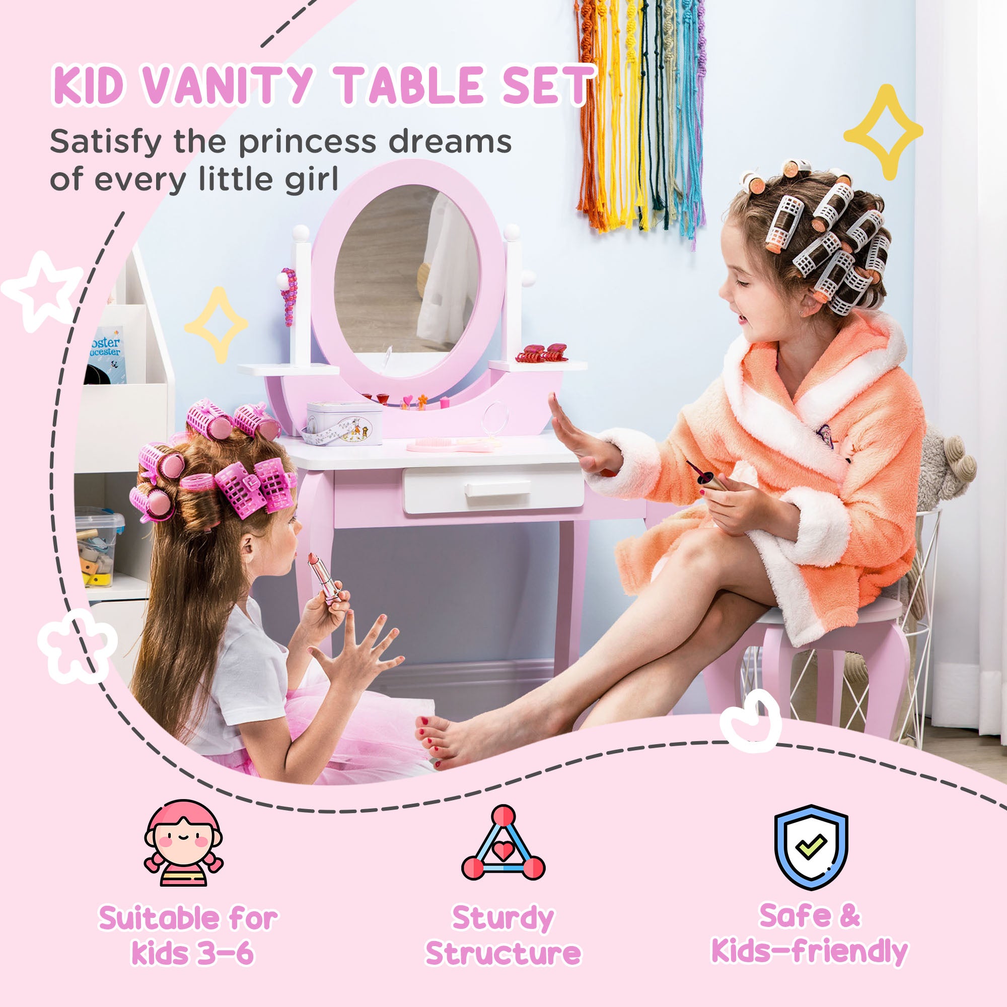 ZONEKIZ Kids Dressing Table Set, with Mirror, Stool, for Ages 3-6 Years - Pink