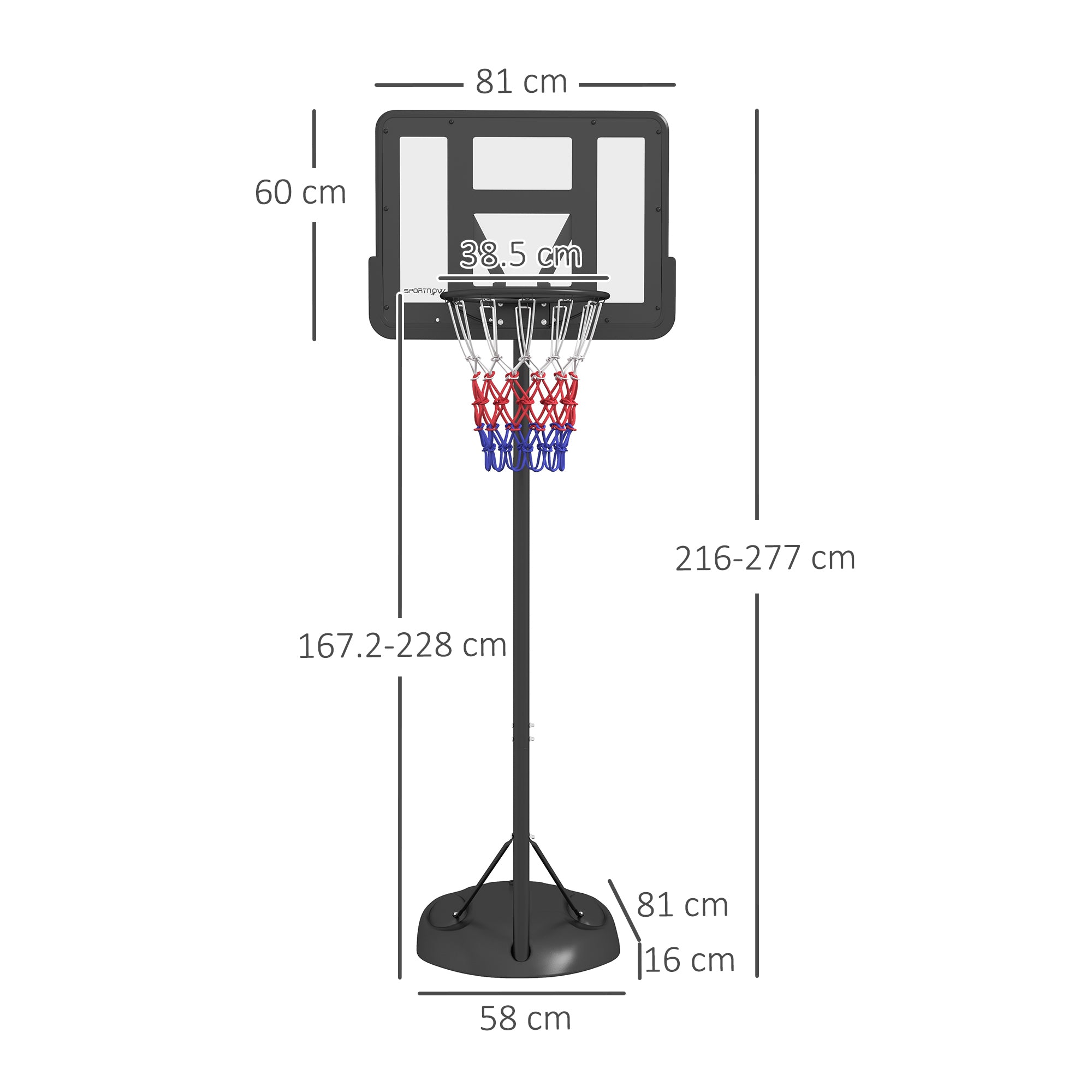 SPORTNOW Height Adjustable Basketball System, Freestanding Basketball Hoop and Stand w/ Wheels, 167-228cm - North Peak Garden Furniture