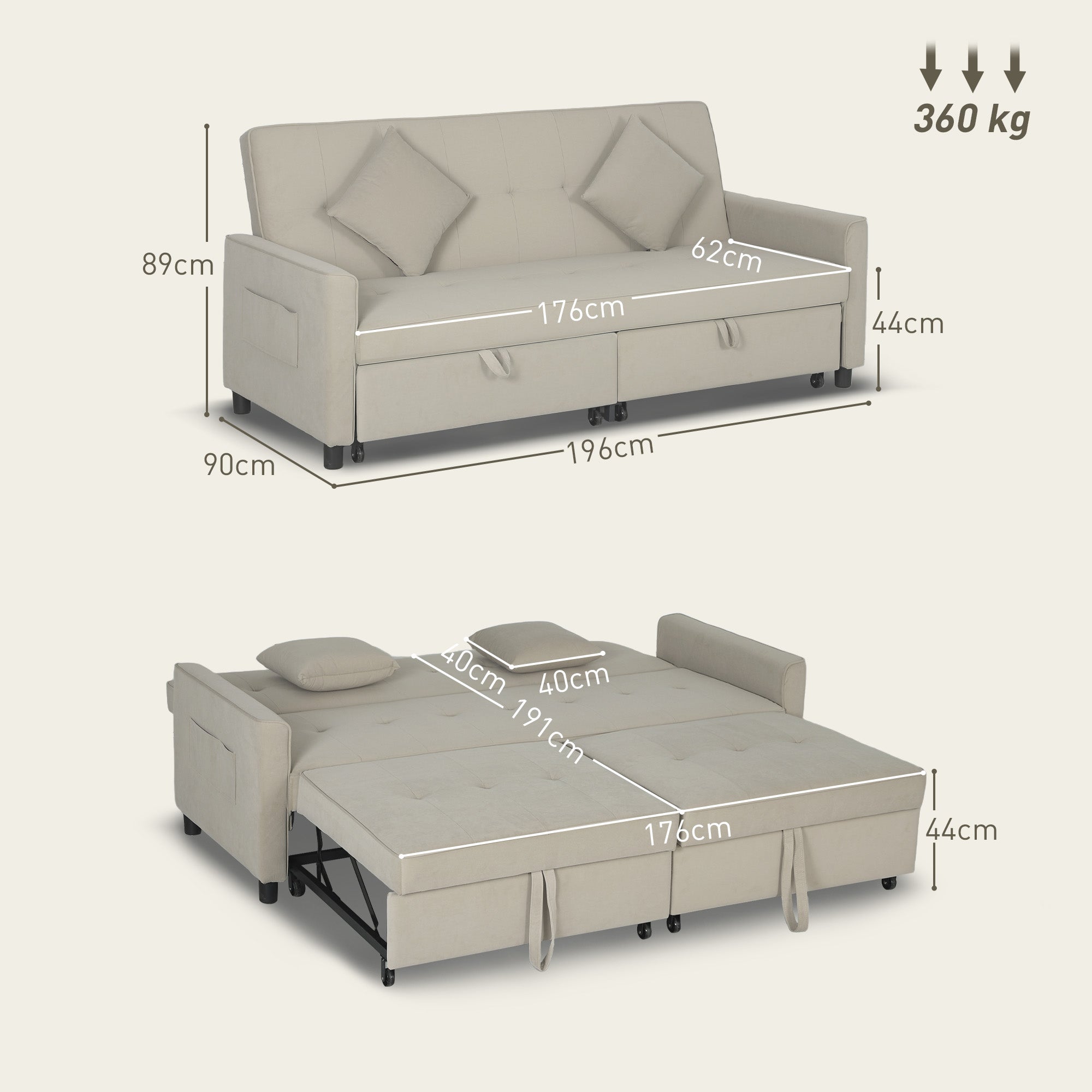 HOMCOM Three-Person Velvet-Feel Sofa Bed - Beige - North Peak Garden Furniture