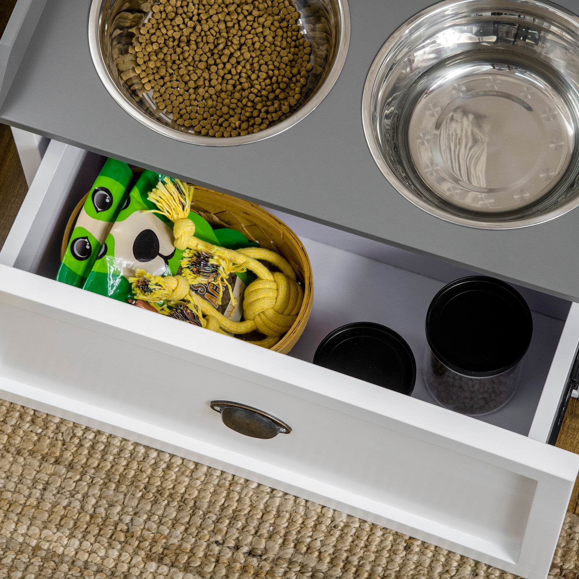 PawHut Stainless Steel Raised Dog Bowls, with 21L Storage Drawer for Large Dogs and Cats - White - North Peak Garden Furniture