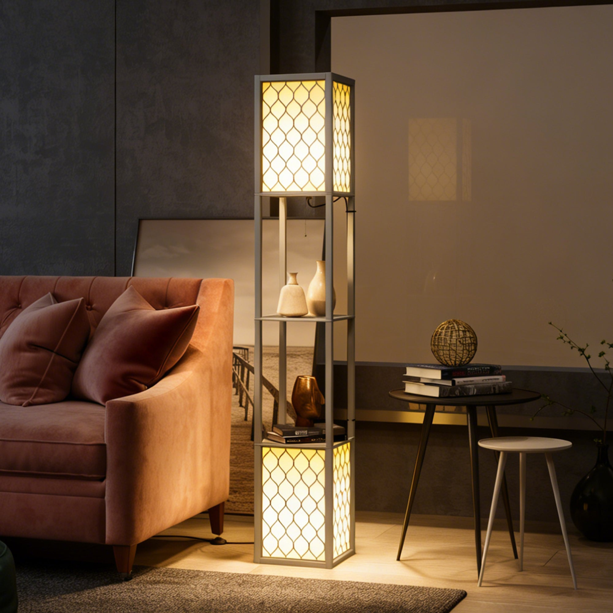 HOMCOM Floor Lamp with Shelves, Dual Light, Modern Tall Standing Lamps, with Pull Chain Switch (Bulb not Included), Light Grey