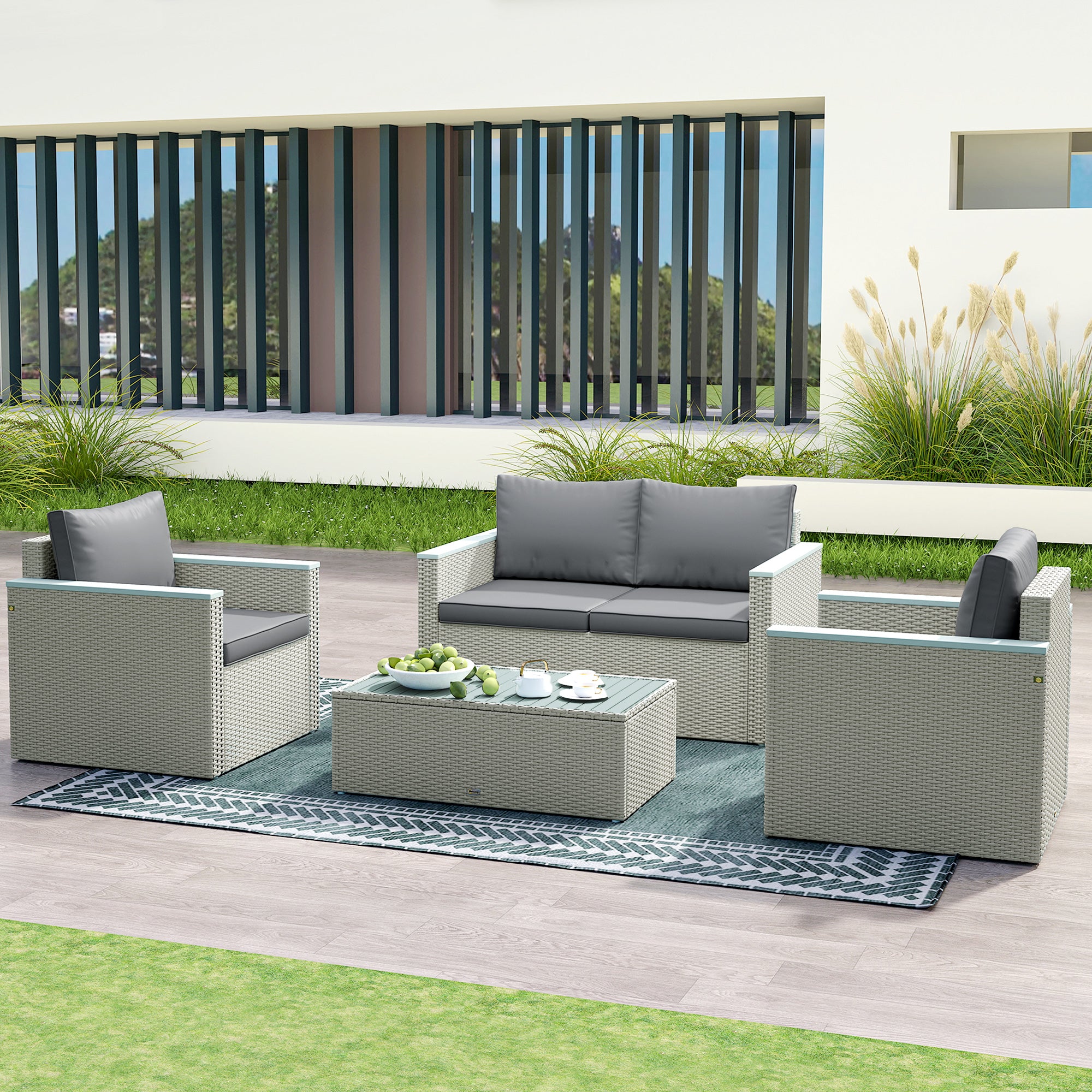 Outsunny 4 Piece Rattan Garden Furniture Set, 4 Seater Wicker Outdoor Sofa Set with 2 Armchairs, Loveseat, Acacia Wood Top Coffee Table, Cushions, Patio Conservatory Set for Balcony, Light Grey - North Peak Garden Furniture