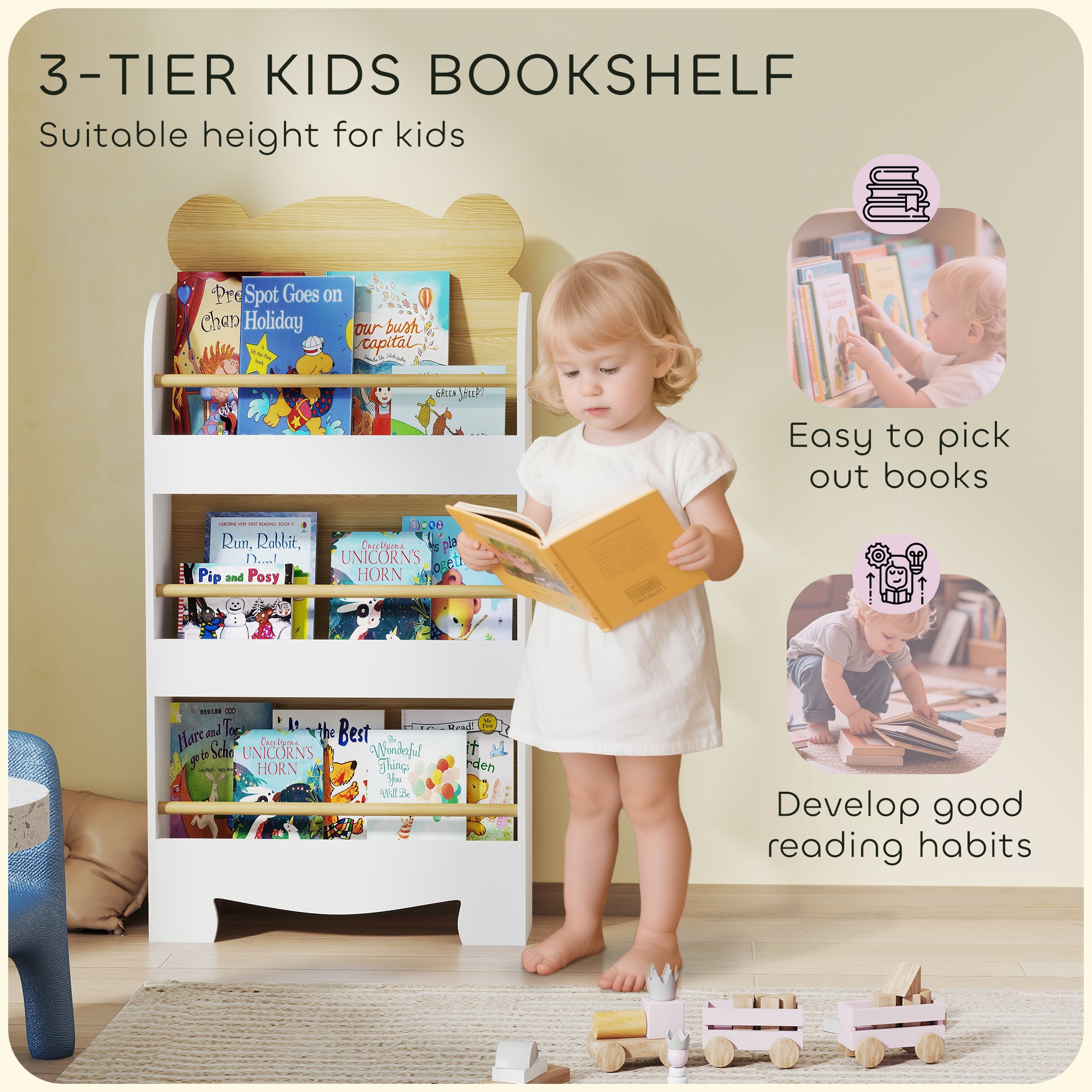 AIYAPLAY Kids Bookshelf, 3 Tier Children Bookcase, Bear Theme Toddler Space-Saving Bookcase for Living Room, White