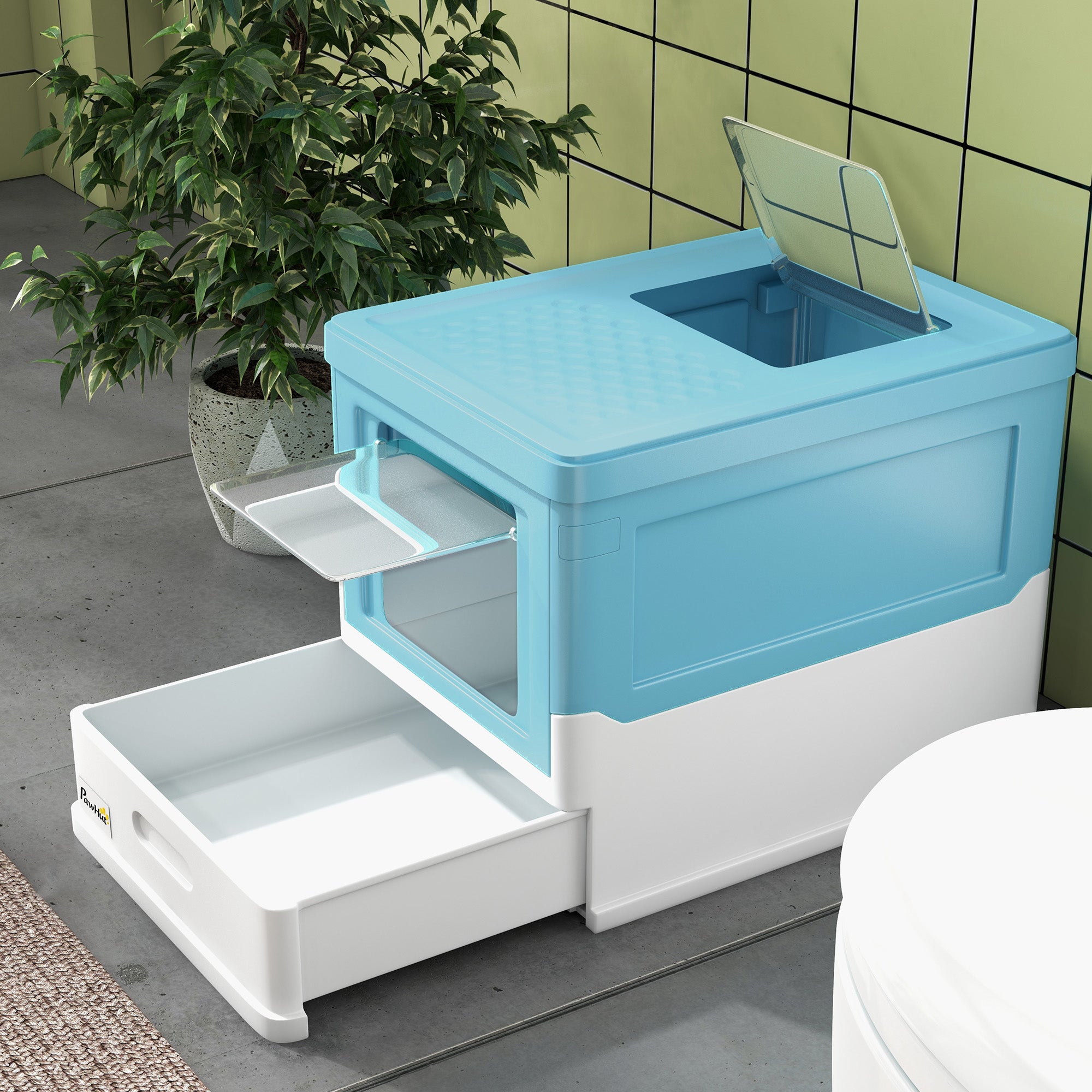 PawHut Hooded Cat Litter Box, Portable Pet Toilet, with Scoop, Front Entry - Light Blue - North Peak Garden Furniture
