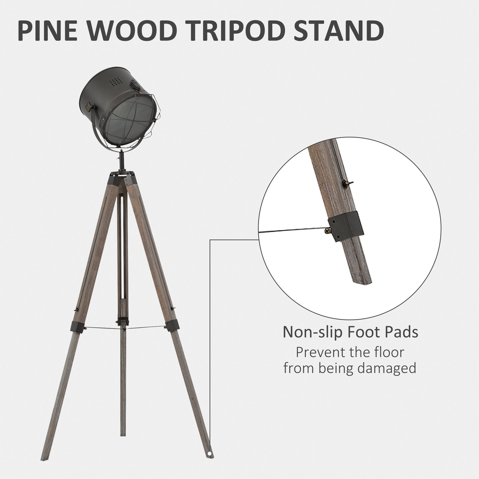 HOMCOM Industrial Style Adjustable Tripod Floor Lamp for Living Room Bedroom, Vintage Spotlight Reading Lamp with Wood Legs, 115-155cm, Grey - North Peak Garden Furniture