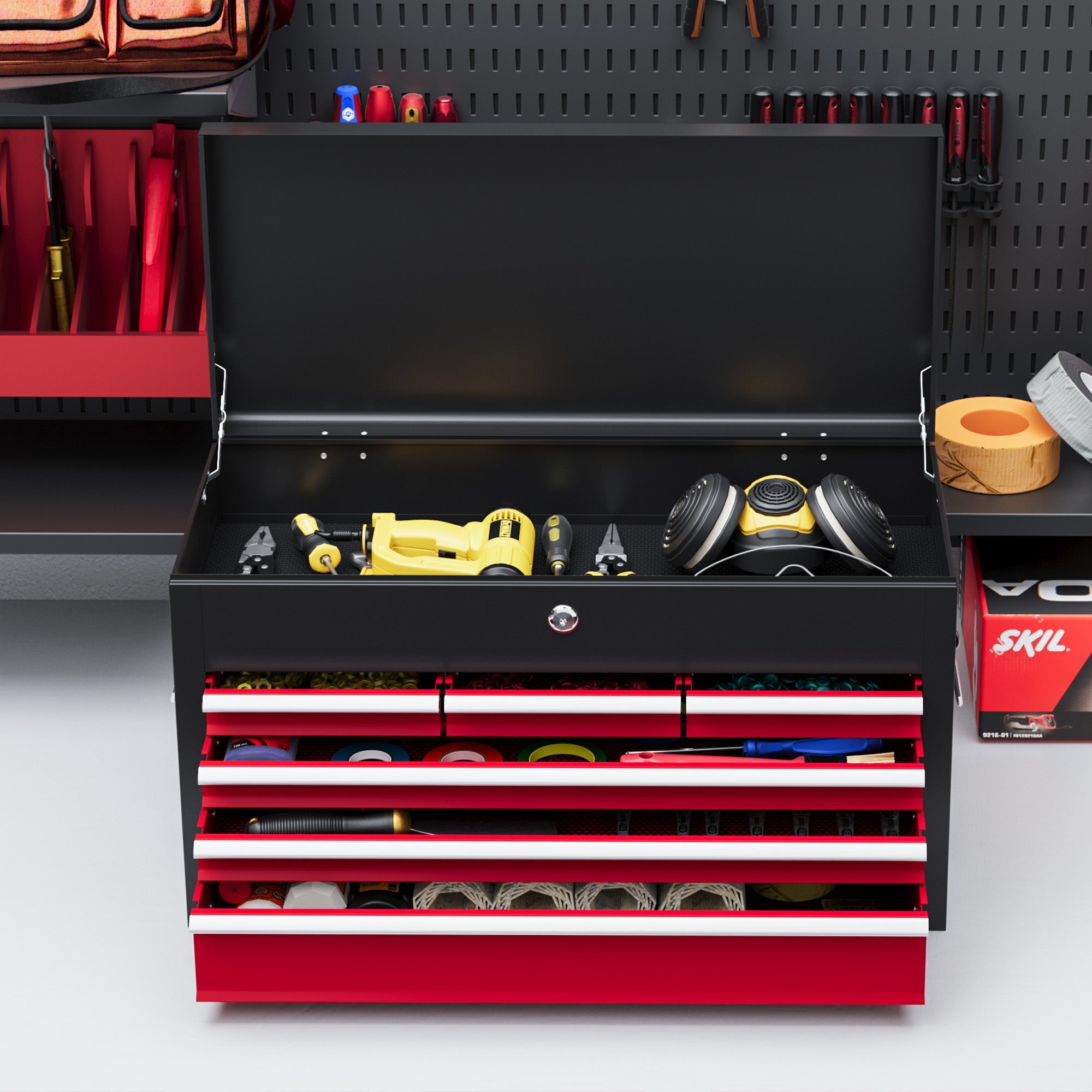 HOMCOM Steel Six Drawer Tool Storage Carry Chest, with Lock and Keys - Red - North Peak Garden Furniture