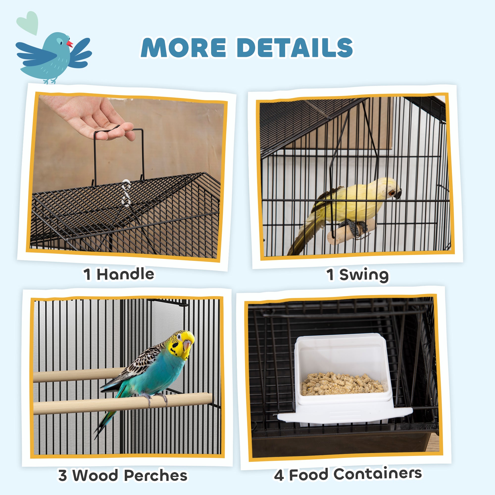 PawHut Metal Bird Cage with Plastic Swing, Perch, Food Container, Tray, Handle, for Finches, Canaries, 43 x 32.5 x 104cm - North Peak Garden Furniture