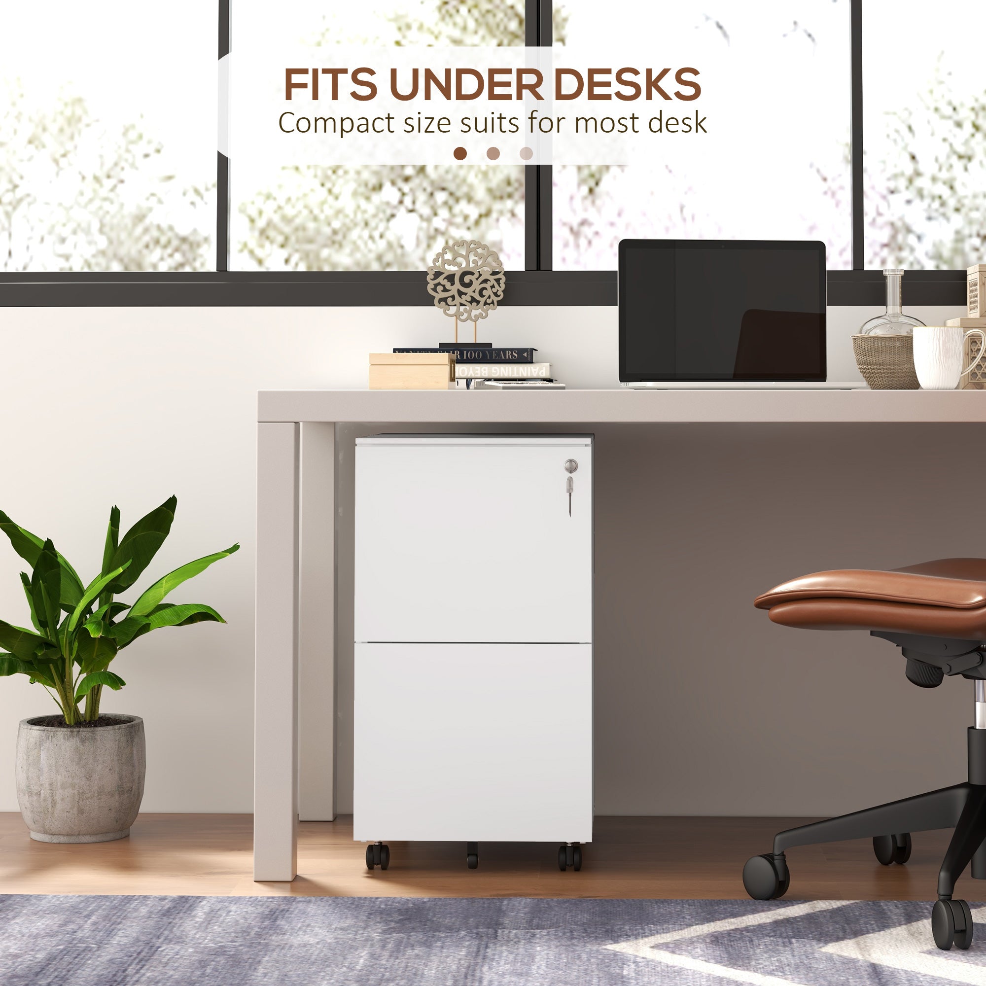 Vinsetto 2-Drawer Vertical Filing Cabinet with Lock and 5 Wheels, Steel Mobile File Cabinet, for A4, Legal and Letter Size, Pre-Assembled Body, White - North Peak Garden Furniture