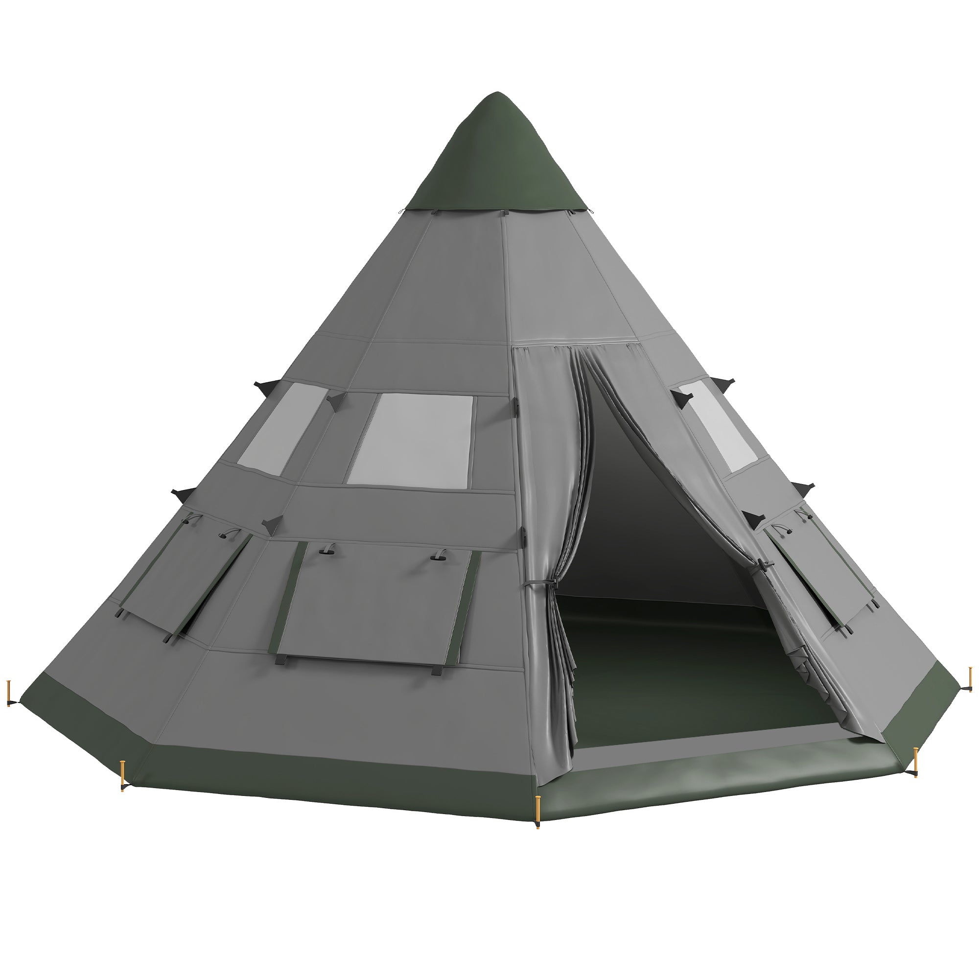 Outsunny 6 Men Tipi Tent, Camping Tent, Teepee Family Tent with Mesh Windows, Sewn-in Tent Floor, Two Doors and Carry Bag, Easy Set Up, for Hiking Picnics Outdoor Night, Gray