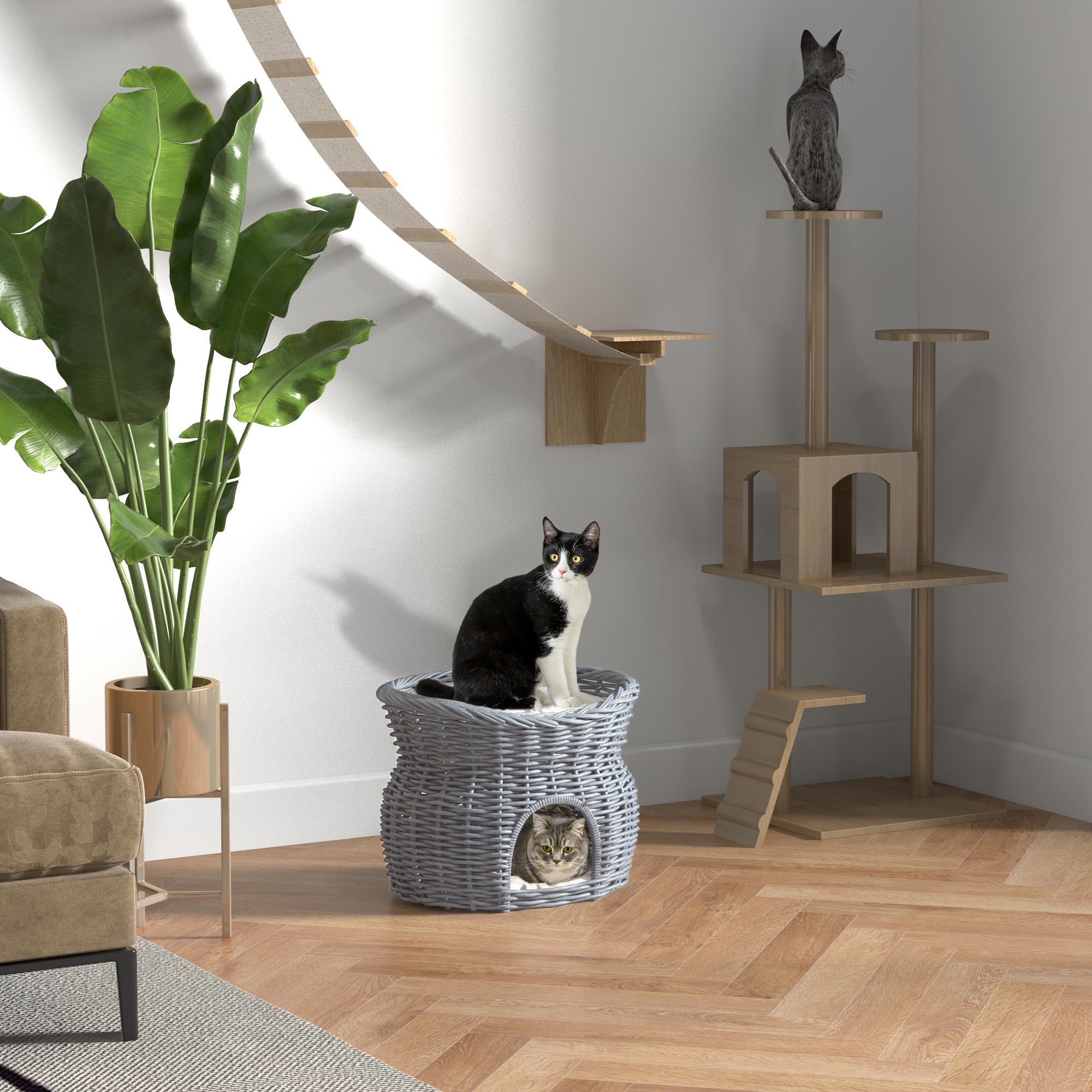 PawHut 2-Tier Wicker Cat House Elevated Pet Bed Basket Willow Kitten Tower Pet Den. with Washable Cushions 56x37x40cm Grey - North Peak Garden Furniture