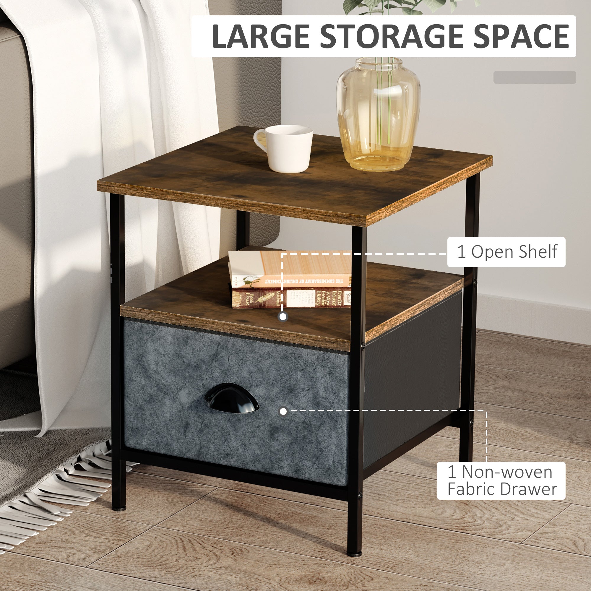 HOMCOM Bedside Table, Nightstand with Non-Woven Fabric Drawer, Side Table, End Table for Living room, Bedroom, Rustic Brown - North Peak Garden Furniture