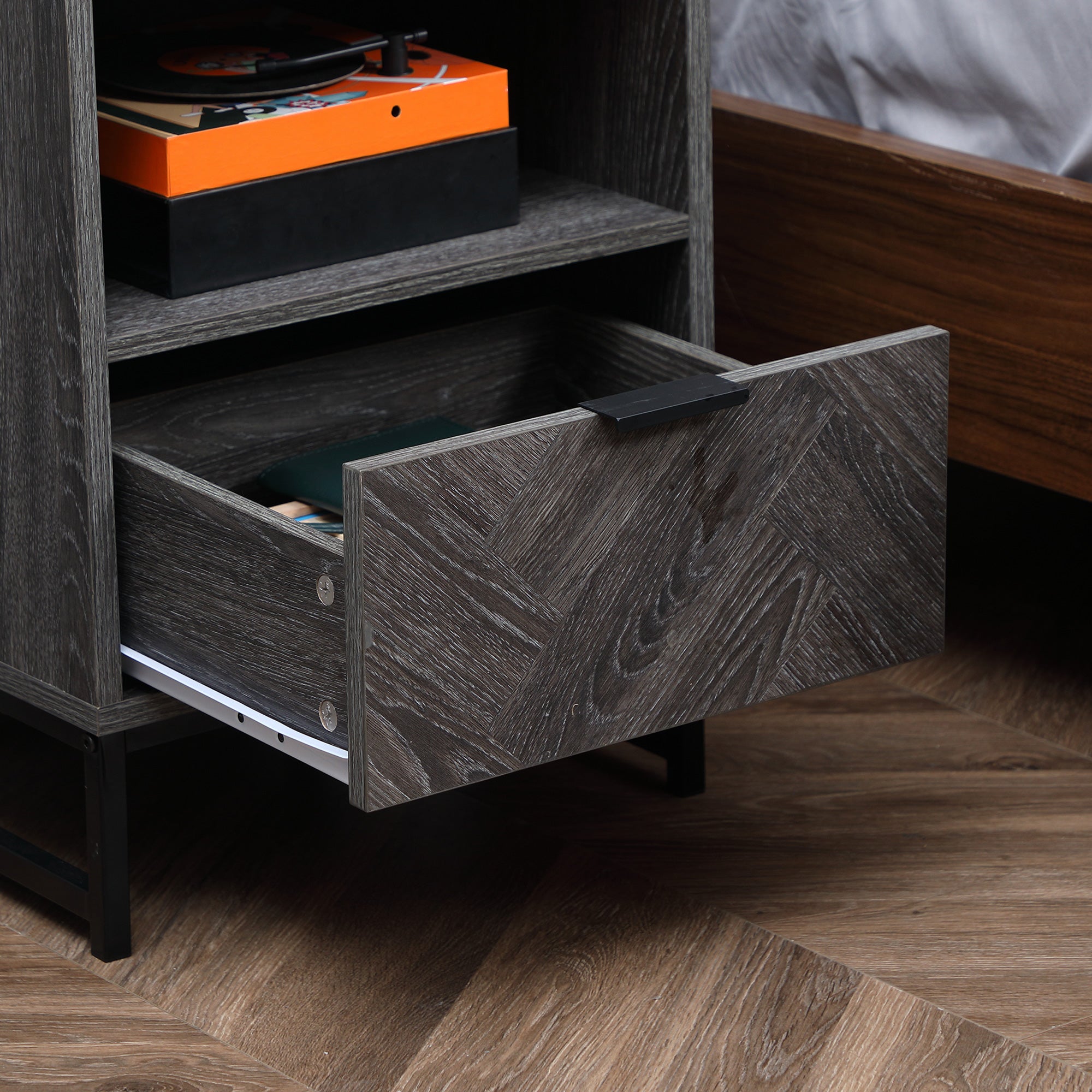 HOMCOM Bedside Table with Drawer and Shelf, Side End Table with Steel Legs for Living Room, Bedroom, Dark Grey - North Peak Garden Furniture