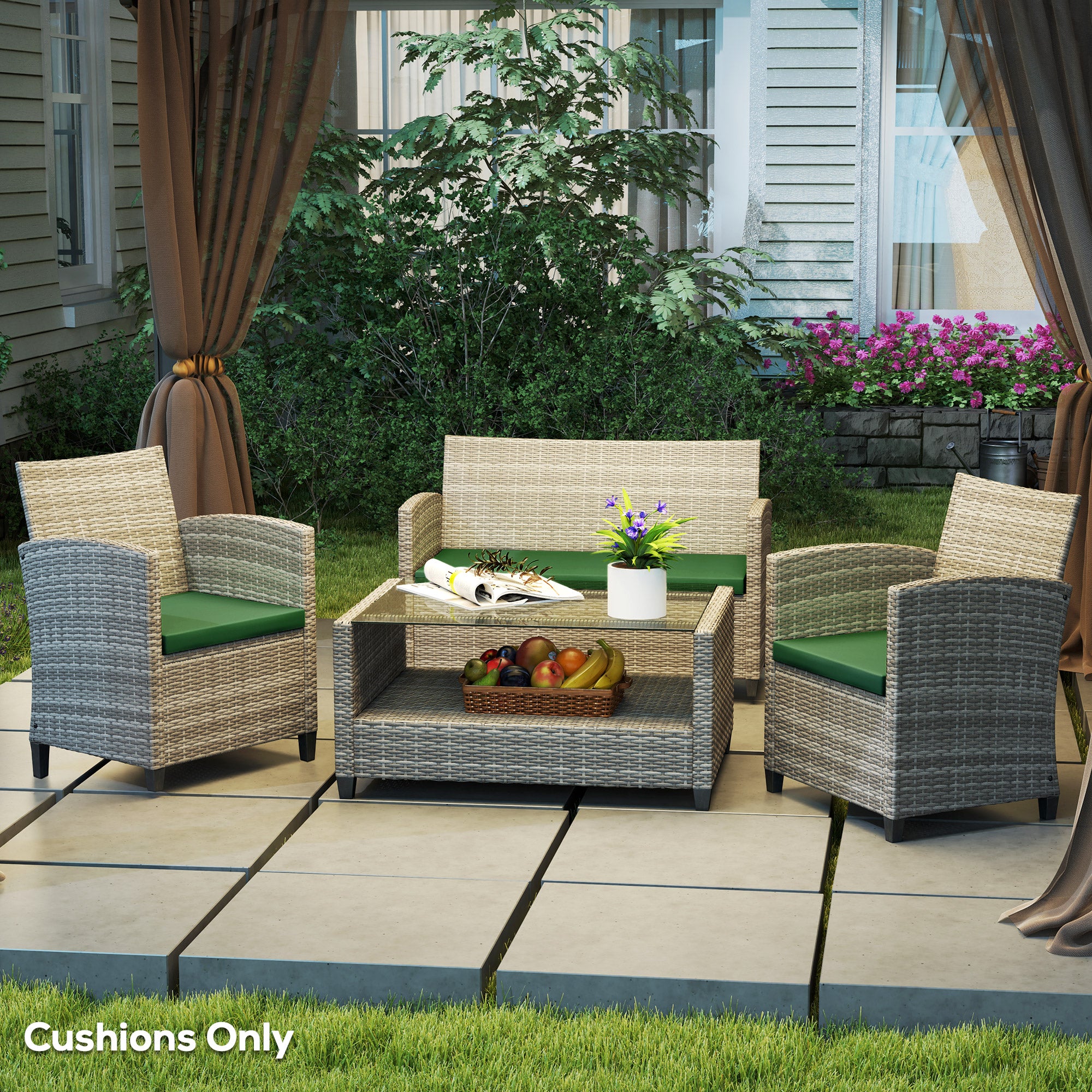 Outsunny Outdoor Seat Cushion Pads for Rattan Furniture, 3 PCs Garden Furniture Cushions, Green - North Peak Garden Furniture