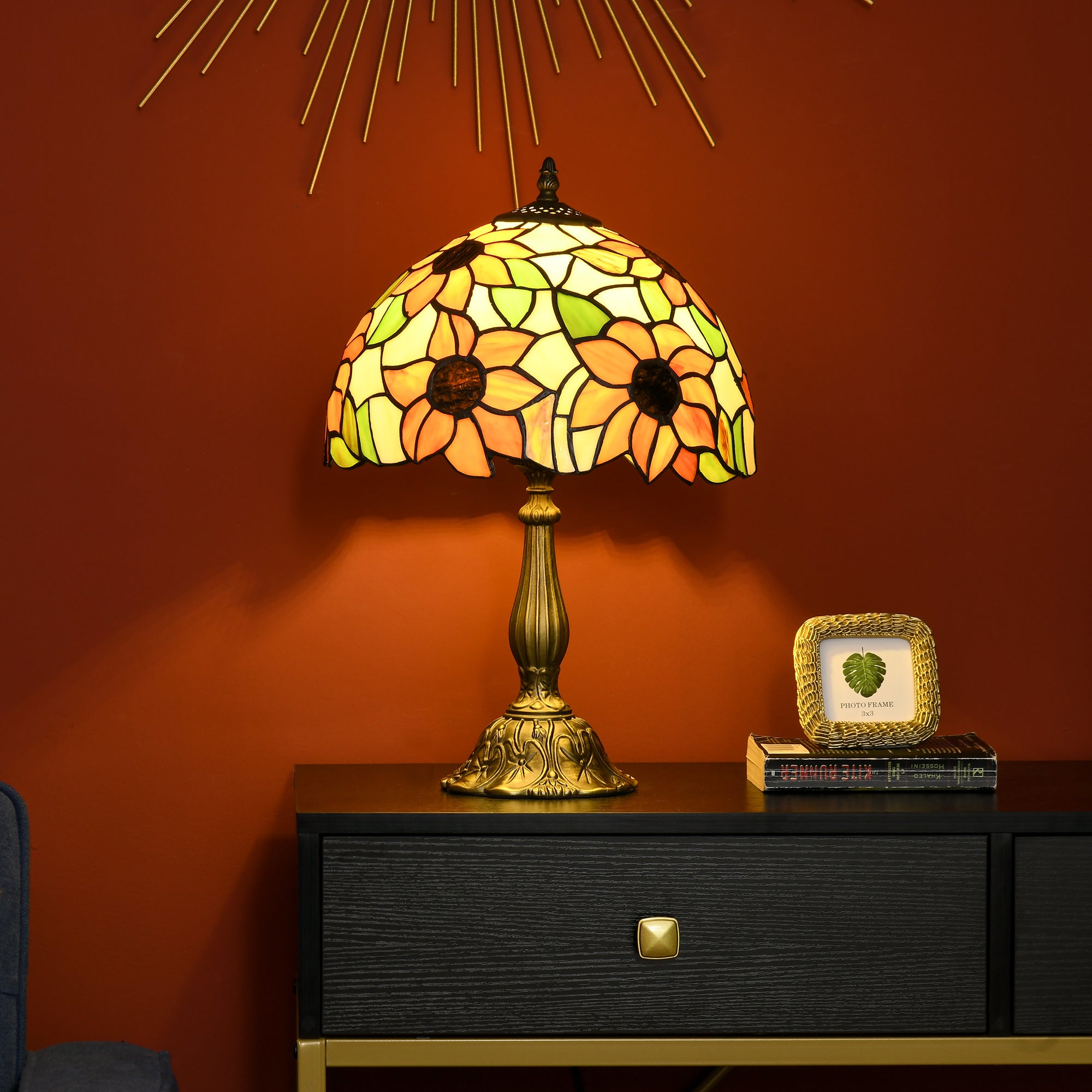 HOMCOM Stained Glass Table Lamp, Handmade Antique Bedside Lamp for Bedroom, Living room, Home, Nightstand, Decorative Night Light, Orange Sunflower - North Peak Garden Furniture