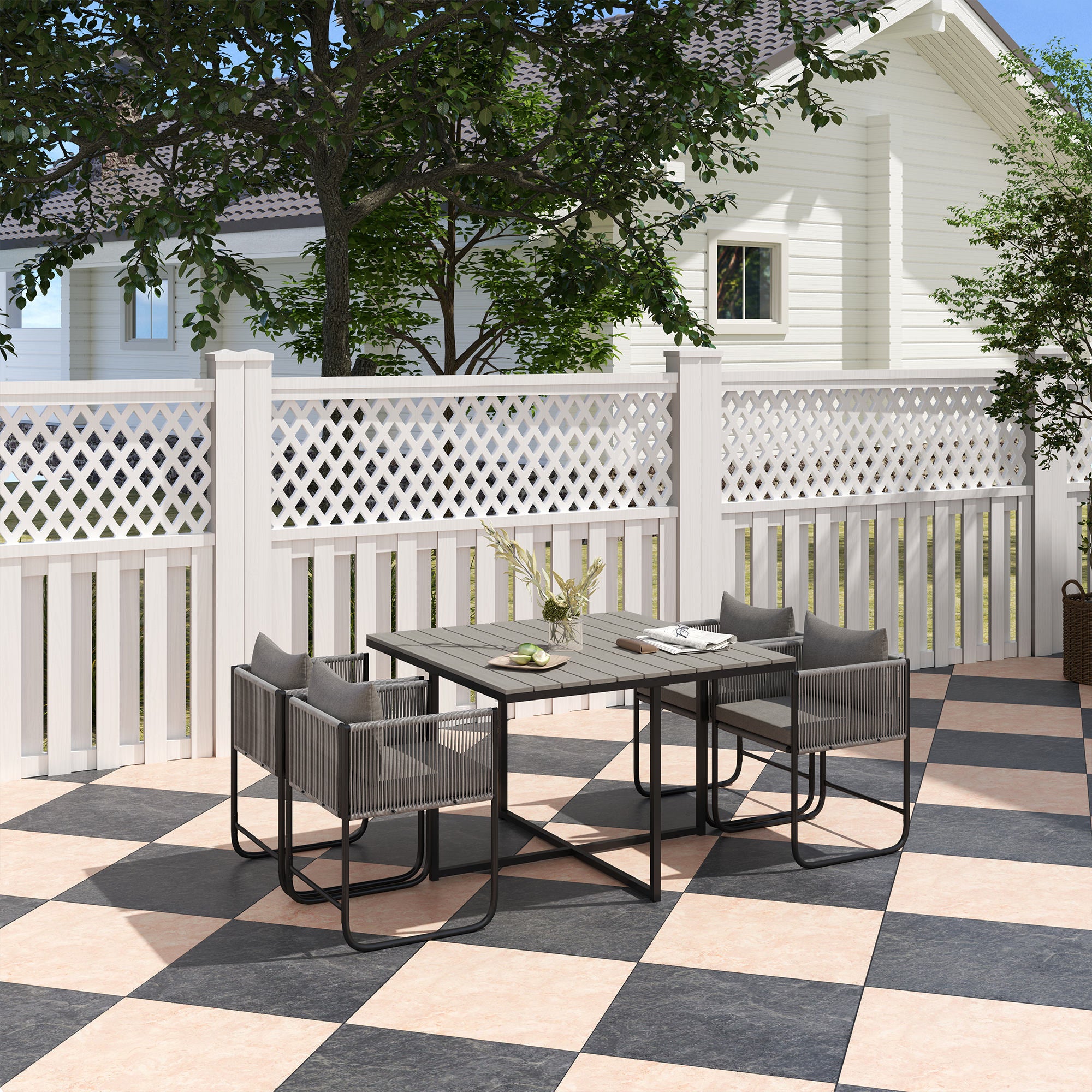 Outsunny 4 Seater Rattan Cube Garden Furniture Set, Rattan Dining Set with Cushions, Outdoor Dining Table and Chairs with Rectangular Wood Grain Plastic Top Table for Patio, Balcony, Grey - North Peak Garden Furniture