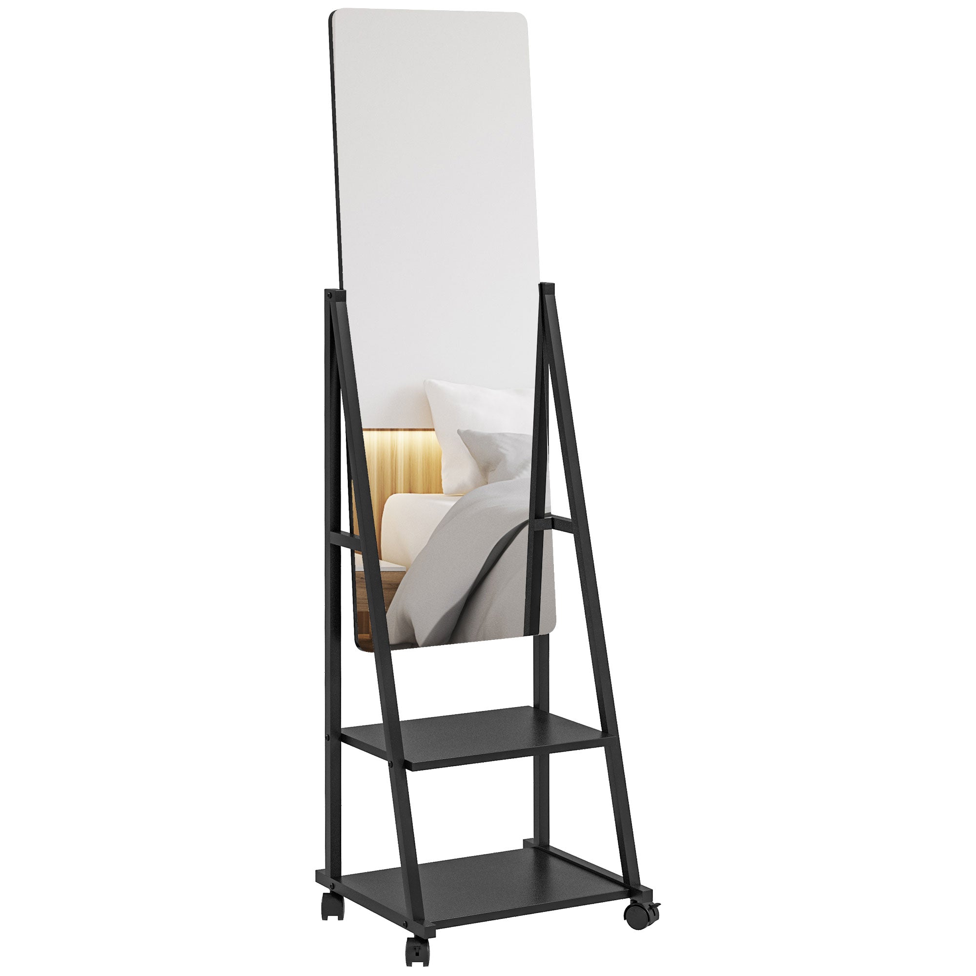 HOMCOM Free Standing Dressing Mirror, Rolling Full Length Mirror on Wheels with Adjustable Angle, Storage Shelves for Bedroom - North Peak Garden Furniture
