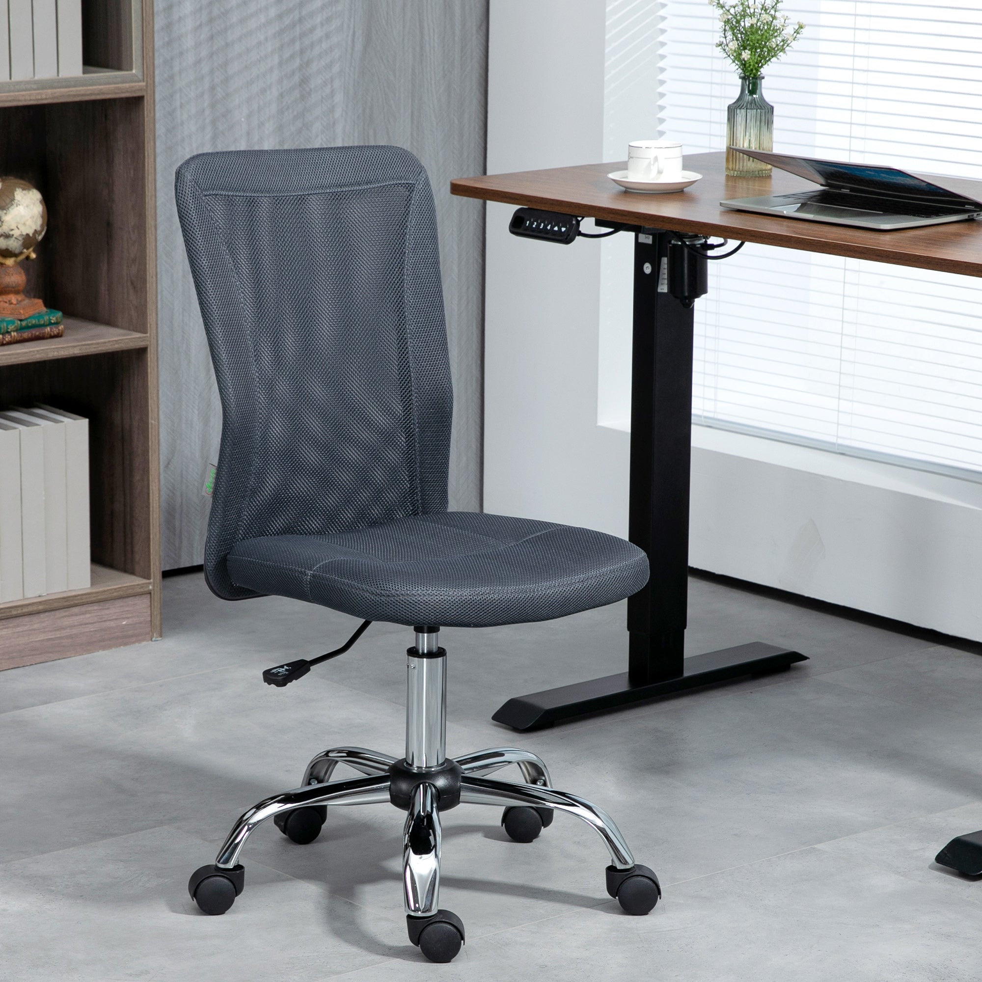 Vinsetto Computer Desk Chair, Mesh Office Chair with Adjustable Height and Swivel Wheels, Armless Study Chair, Dark Grey - North Peak Garden Furniture