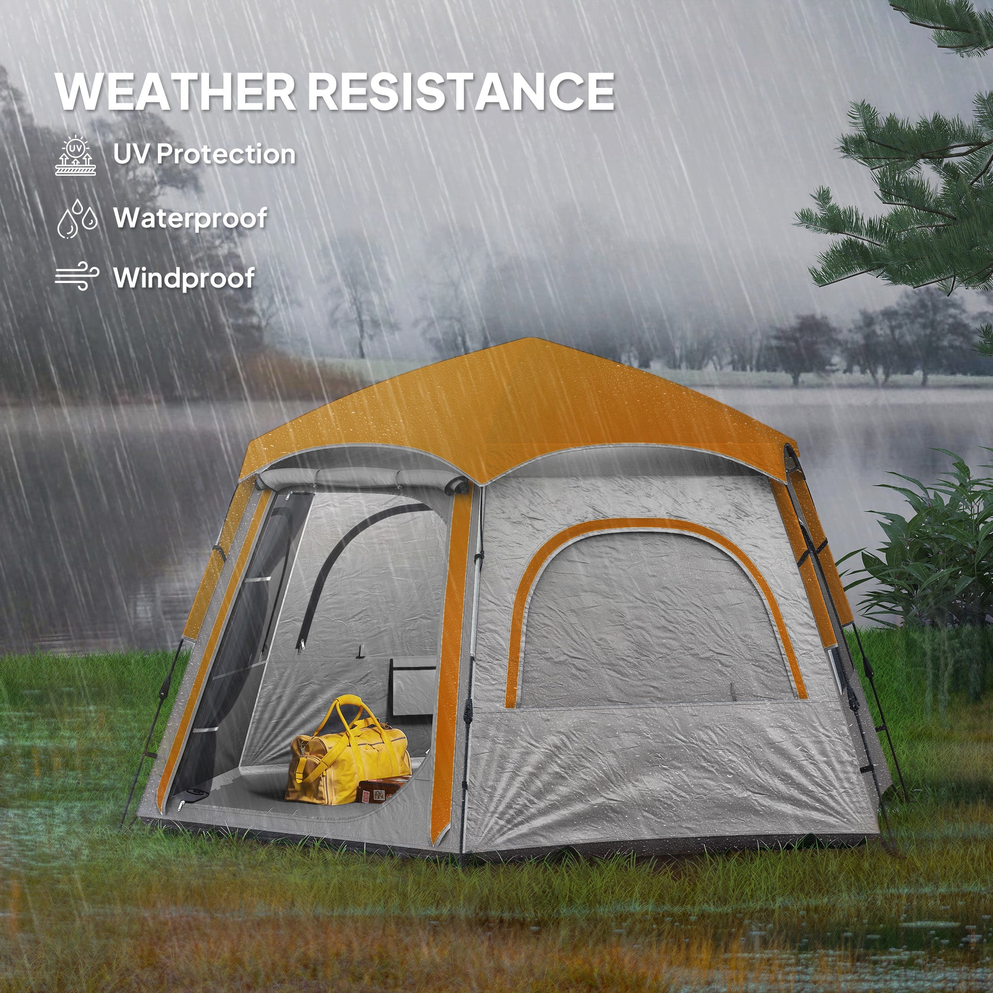 Outsunny Instant Camping Tent, 2/3/4 Person Easy Setup Family Tent with Vestibule, Rainfly, 4 Mesh Windows & 2 Doors, Hexagonal Design, Waterproof UV Protected Dome Tent, Light Grey - North Peak Garden Furniture