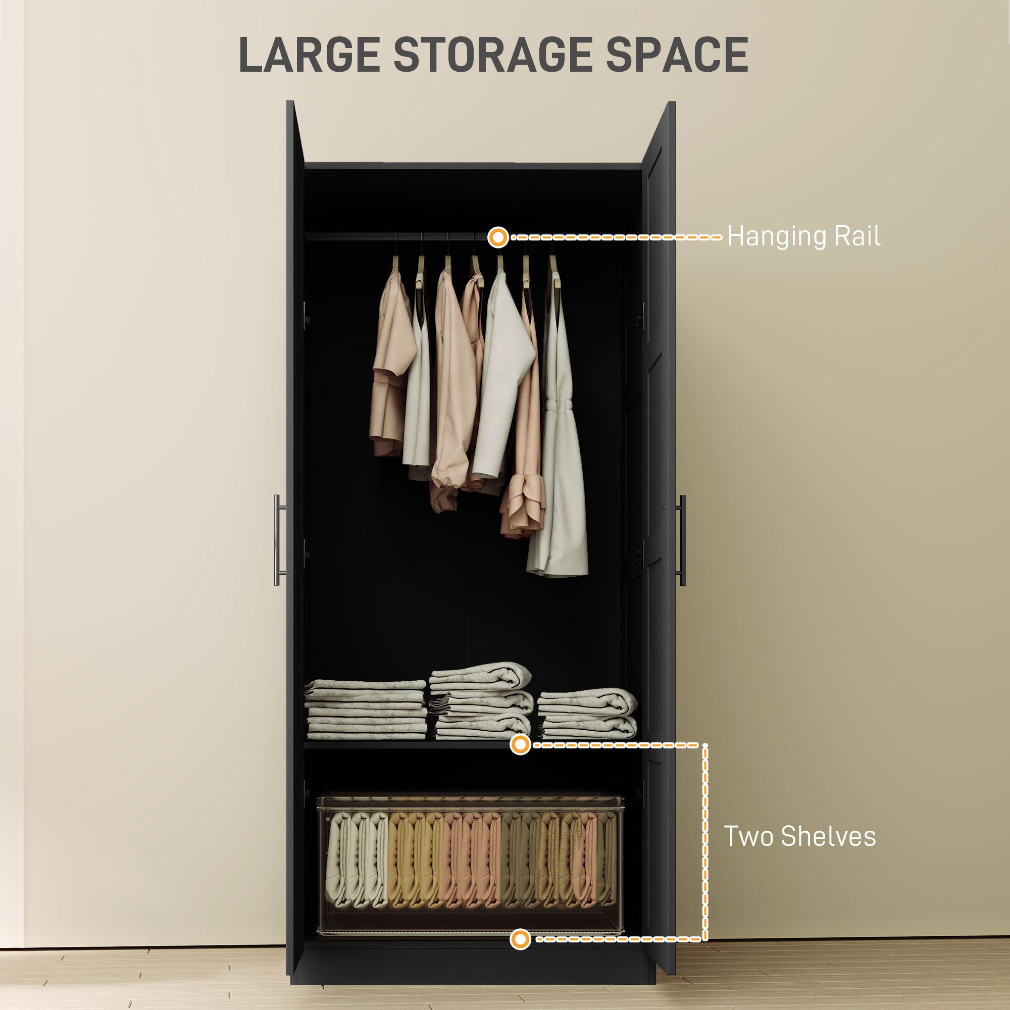 HOMCOM Double Paneled Door Wardrobe, with Shelves - Black - North Peak Garden Furniture