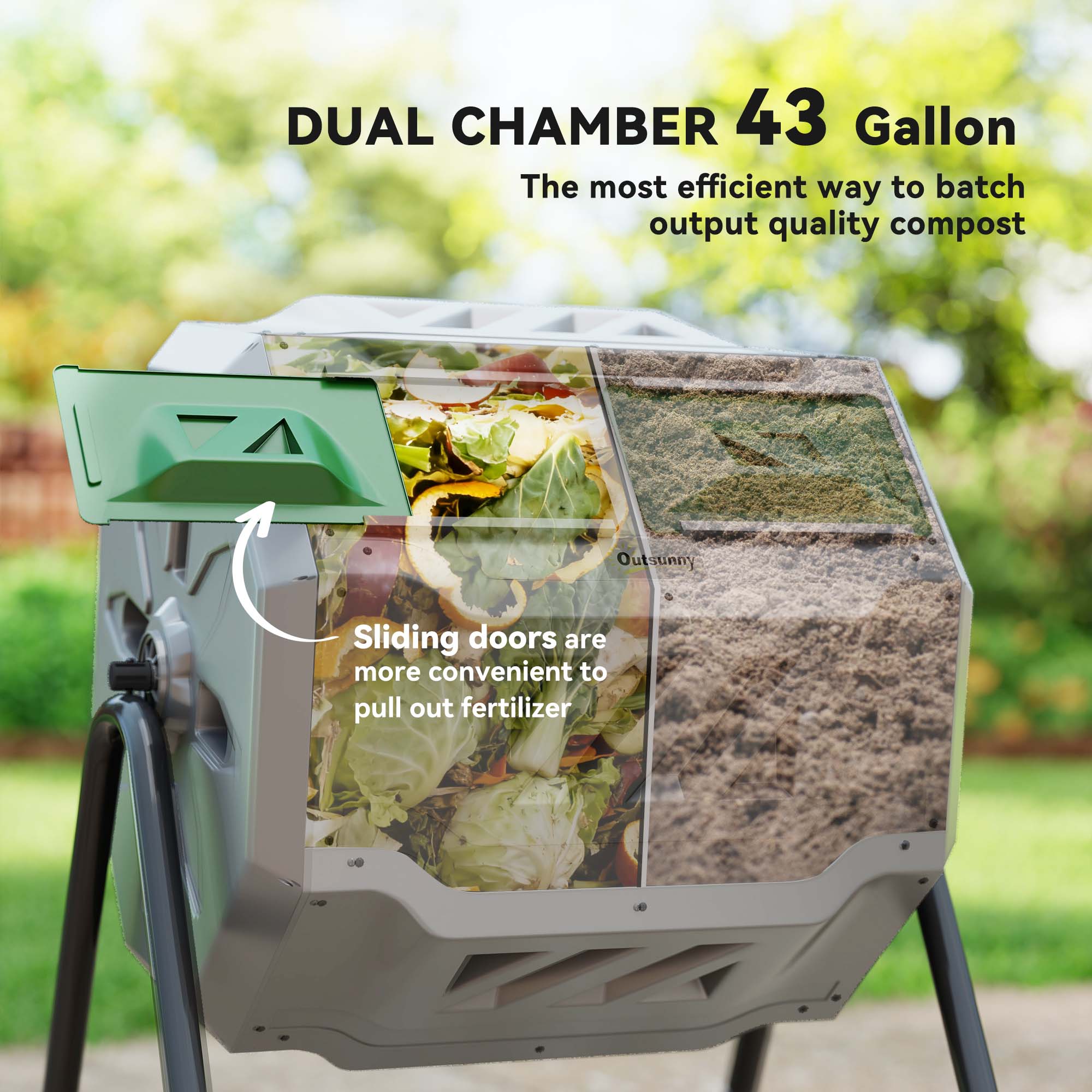 Outsunny 160L Tumbling Compost Bin Outdoor Dual Chamber 360° Rotating Composter, Garden Compost Bin w/ Sliding Doors & Solid Steel Frame, Grey