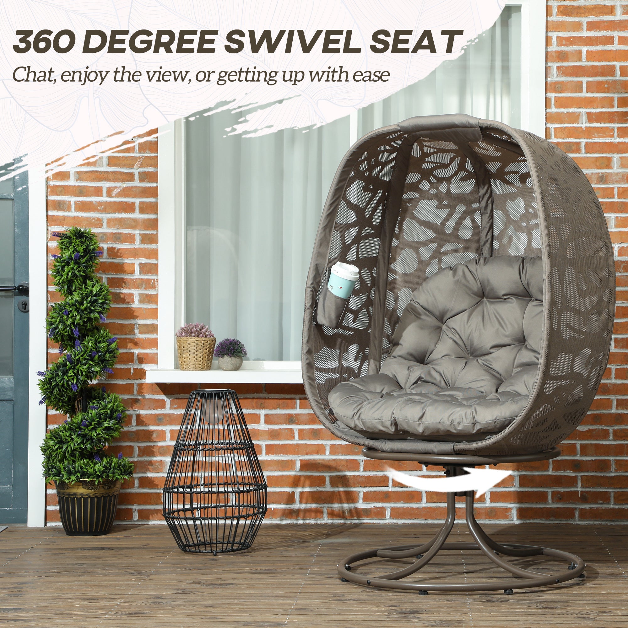 Outsunny Swivel Egg Chair with Cushions, Foldable Basket Seat and Metal Frame, Indoor Outdoor Lounge Chair for Balcony, Poolside, Patio and Living Room, Sand Brown - North Peak Garden Furniture