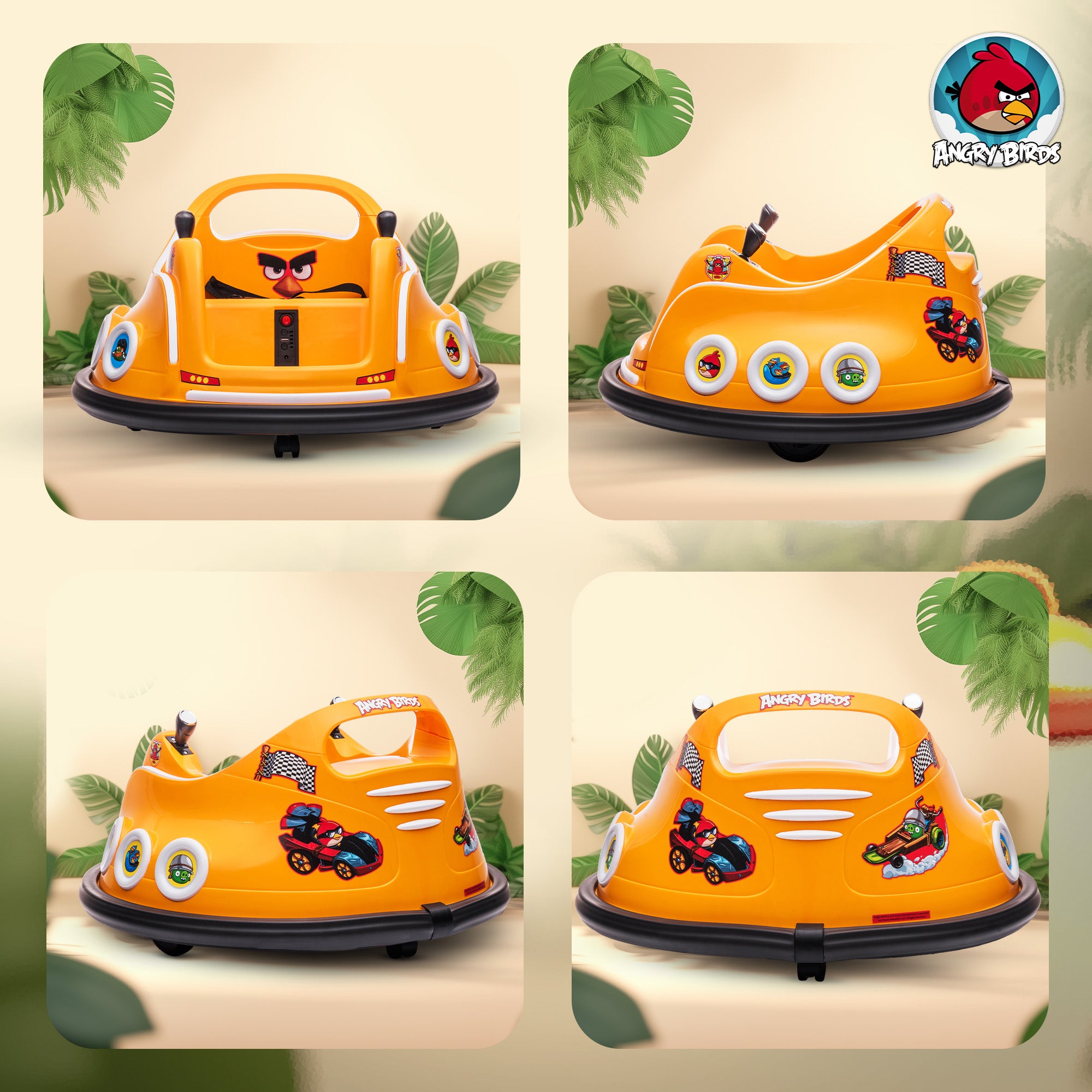 AIYAPLAY Angry Bird Licensed Waltzer Car, 12V Kids Bumper Car w/ Joysticks, Remote, Music LED Lights - Orange - North Peak Garden Furniture