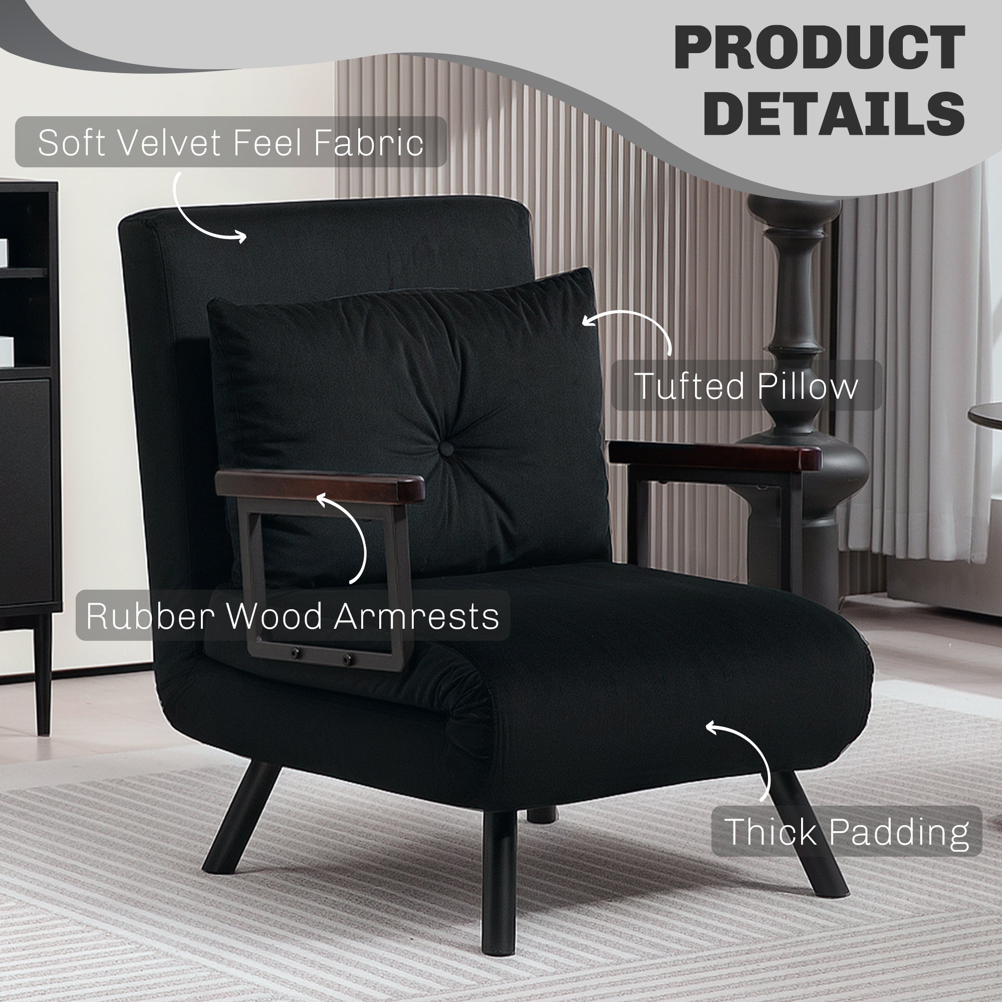 HOMCOM 4-in-1 Velvet-Feel Single Chair Bed, with Pillow - Black - North Peak Garden Furniture