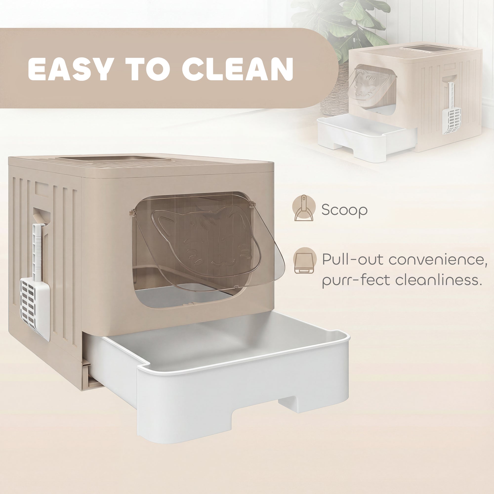 PawHut Foldable Cat Litter Box with Lid, Slide-Out Drawer, Scoop, Easy Clean, Odour Control, Anti-Splashing, Khaki