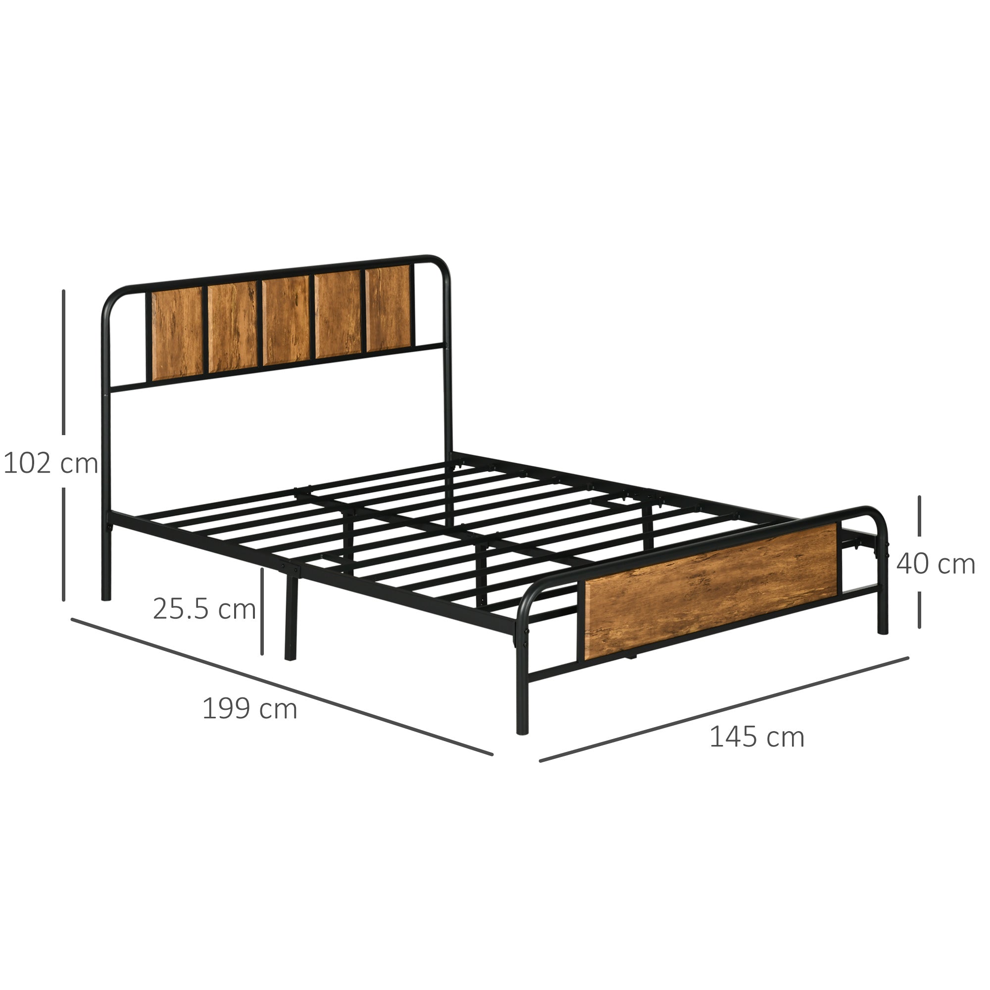HOMCOM 4.8ft Double Bed Frame with Industrial Wood Headboard, Steel Slat Support and 25.5cm Underbed Storage Space, 145 x 199cm, Rustic Brown - North Peak Garden Furniture