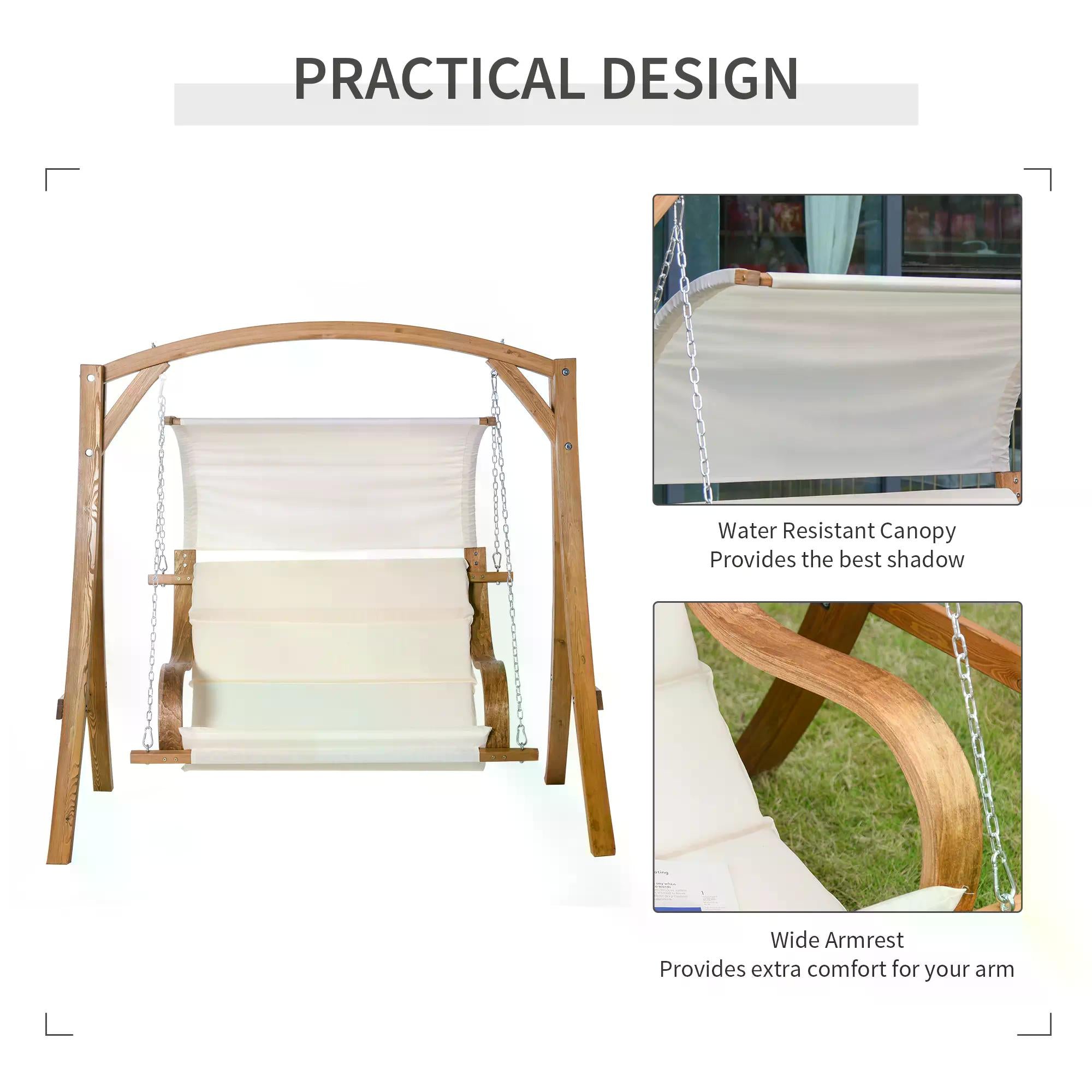 Outsunny Wooden Porch Swing Chair A-Frame Wood Log Swing Bench Chair With Canopy and Cushion for Patio Garden Yard