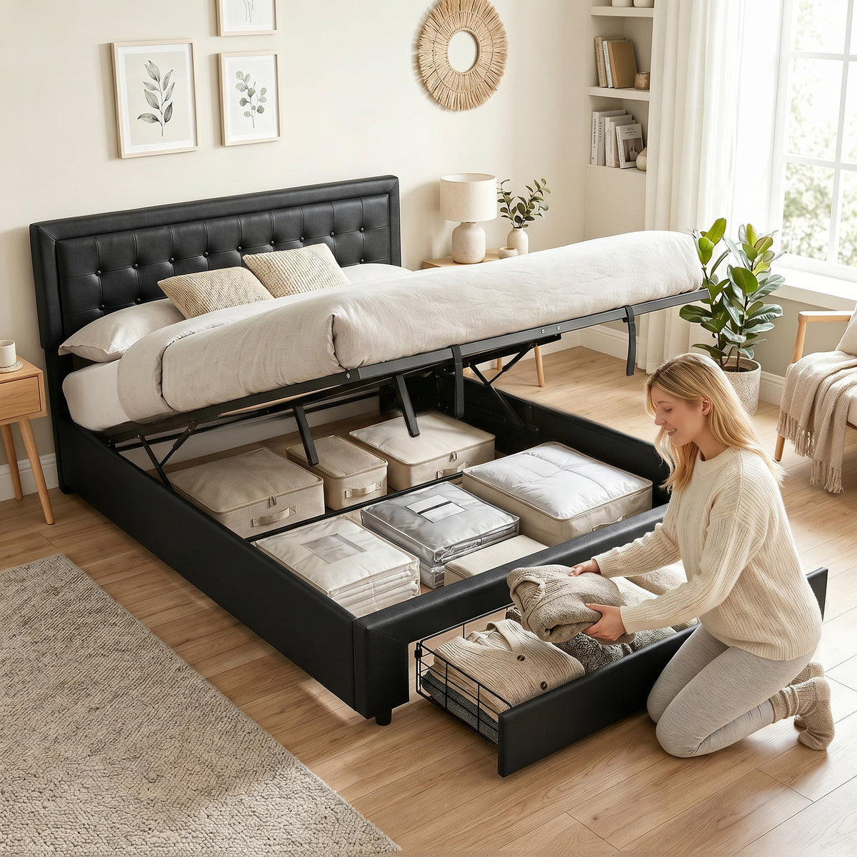 HOMCOM PU Leather King Size Ottoman Bed Frame, with Front Drawer - Black