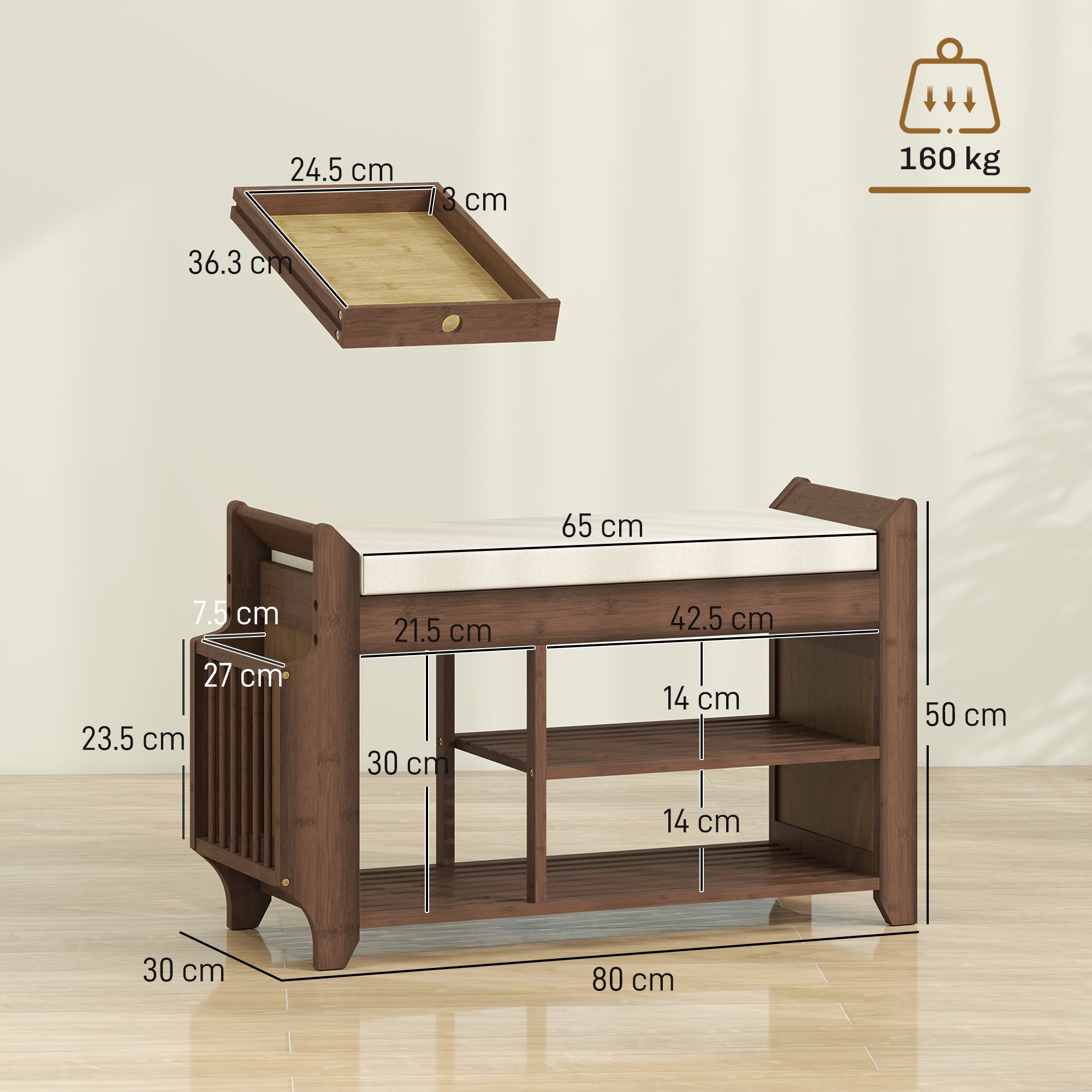 HOMCOM Shoe Bench 2-Tier Boot Section Entryway Storage Bench Cushioned Seat 80 x 30 x 50 cm Dark Brown and Cream