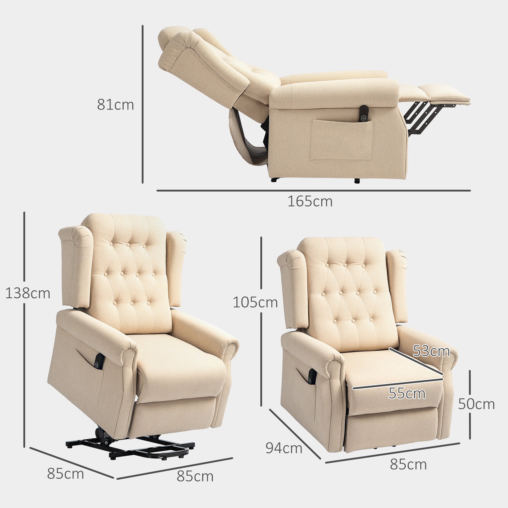 HOMCOM Power Lift Recliner Chair, Wingback Button Tufted Electric Lift Chair for Elderly, Fabric Riser and Reclining Armchair with Remote Control, Side Pockets, for Living Room, Beige - North Peak Garden Furniture