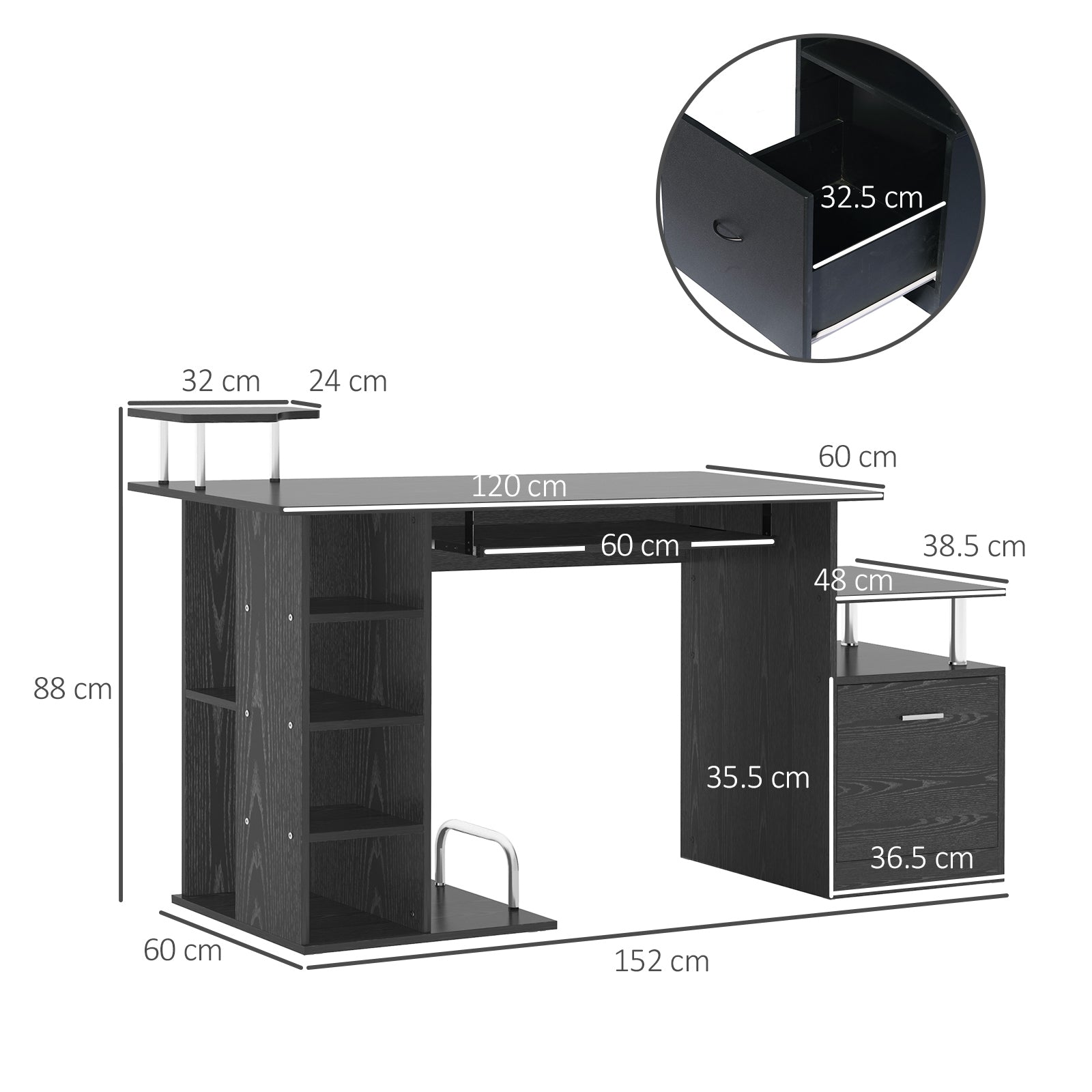 HOMCOM Computer Desk PC Workstation with Drawer Shelves CPU Storage Rack Home Office Furniture 152 x 60 x 88cm (BLACK) - North Peak Garden Furniture