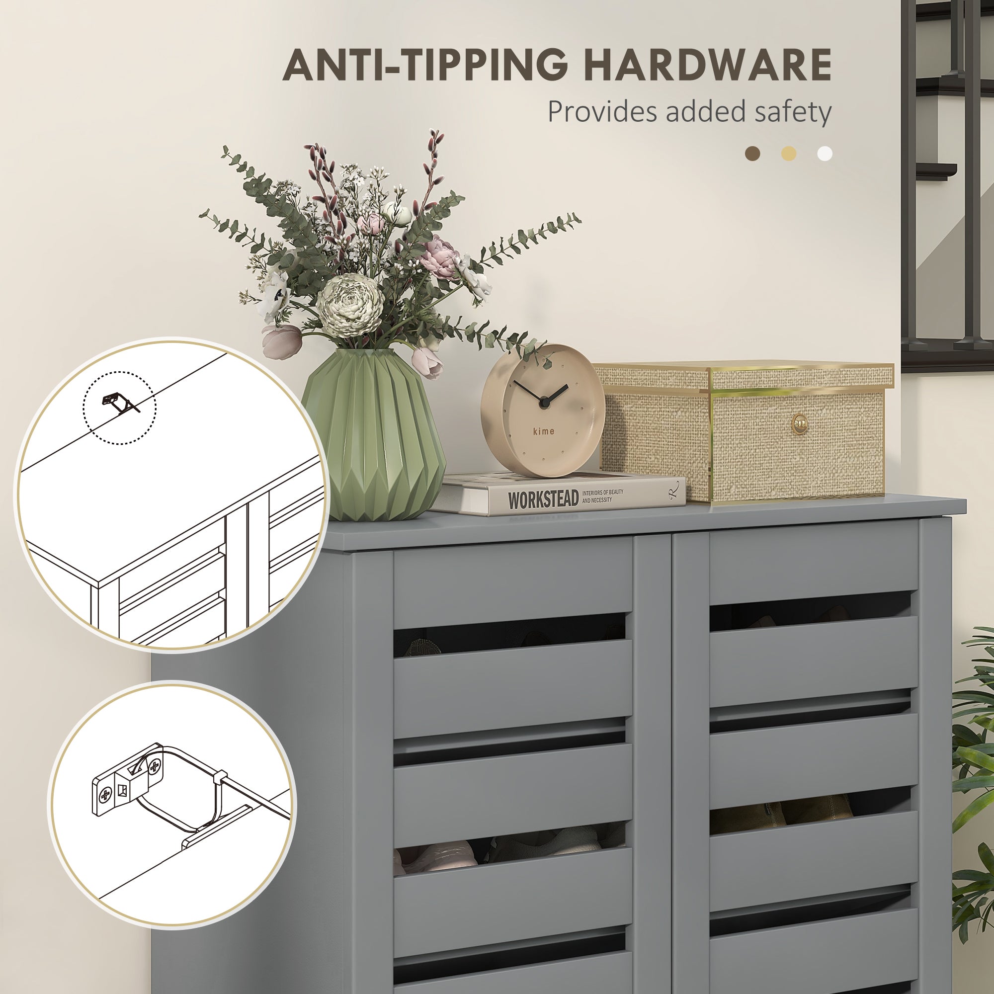 HOMCOM Narrow Shoe Cabinet for Entryway, 5-Tier Slim Shoe Storage Cabinet with 2 Slatted Doors and Adjustable Shelves Grey