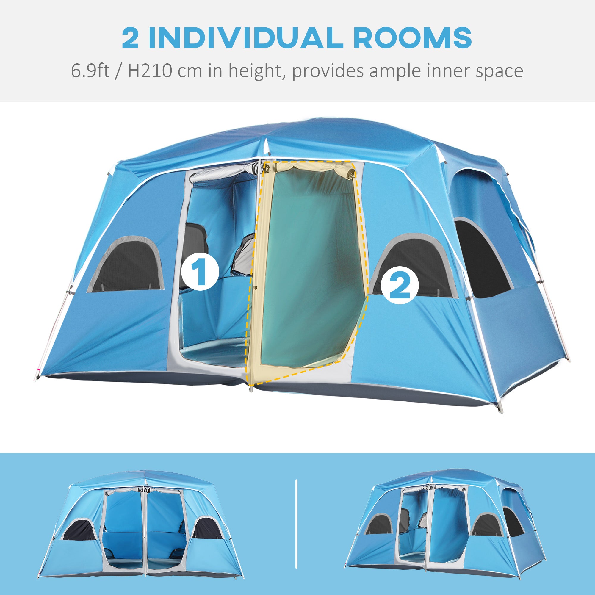 Outsunny 4-8 Person Camping Tent Family Tent with 2 Room, Mesh Windows, Easy Set Up for Backpacking, Hiking, Outdoor, Blue - North Peak Garden Furniture