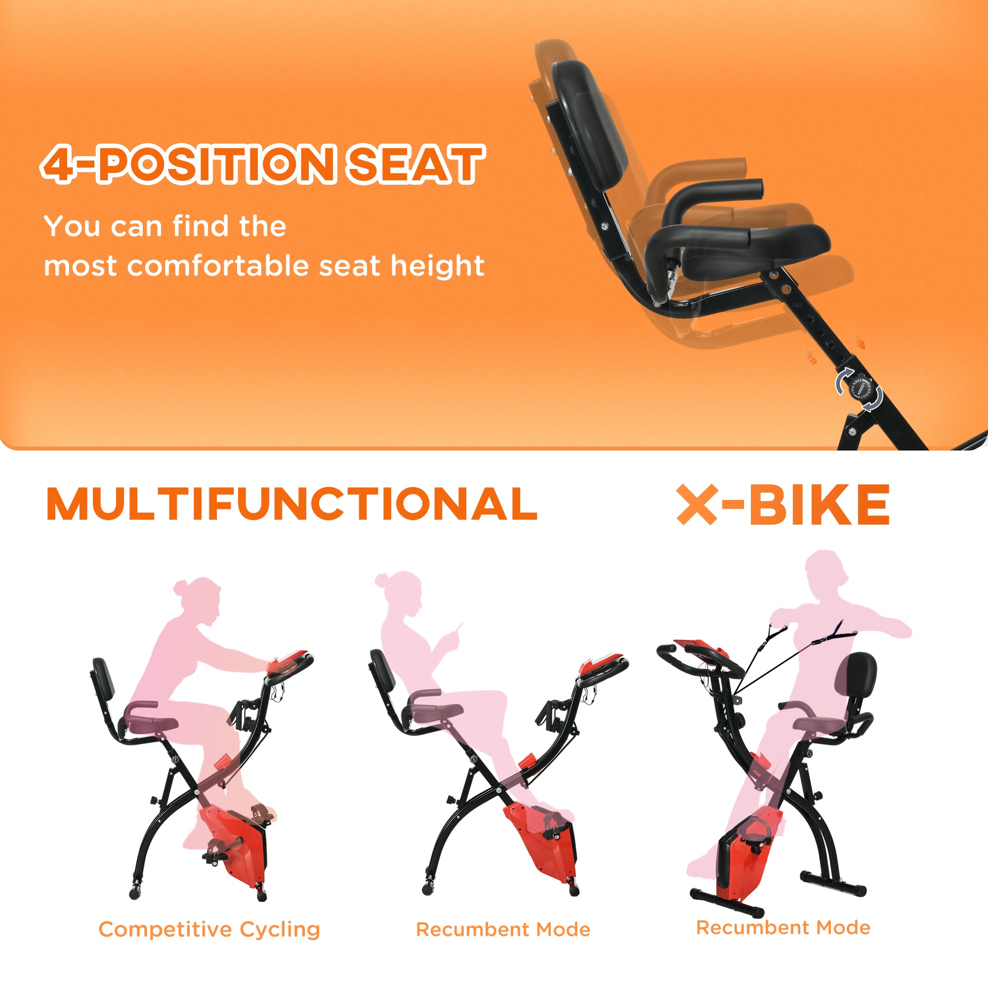 HOMCOM 2-in-1 Folding Exercise Bike with 8-Level Magnetic Resistance, Arm Resistance Band, Pulse Sensor, Red - North Peak Garden Furniture