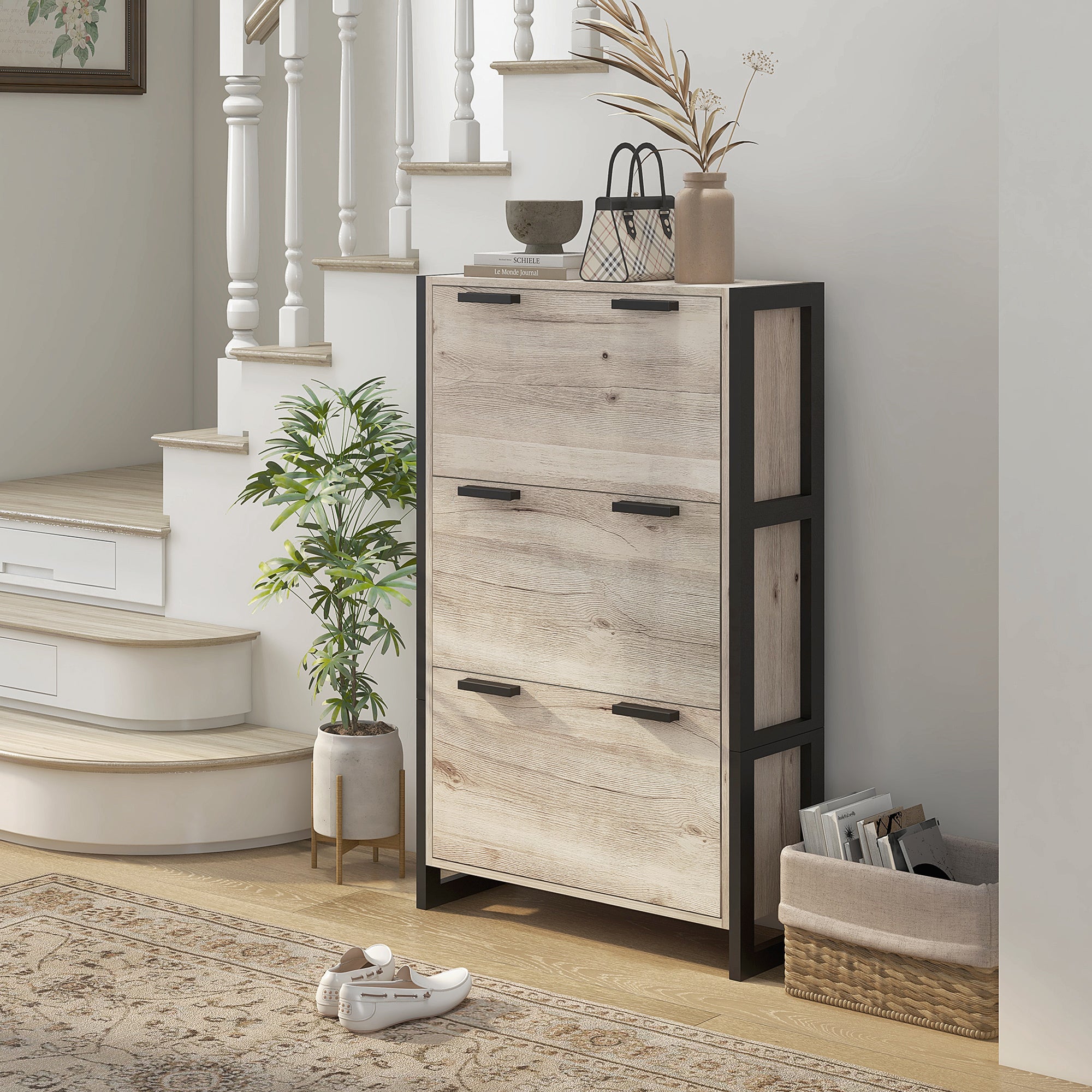 HOMCOM Shoe Storage Cabinet with 3 Flip Drawers Adjustable Shelf 18 Pairs Narrow Shoe Cupboard for Entryway Natural Wood-effect - North Peak Garden Furniture