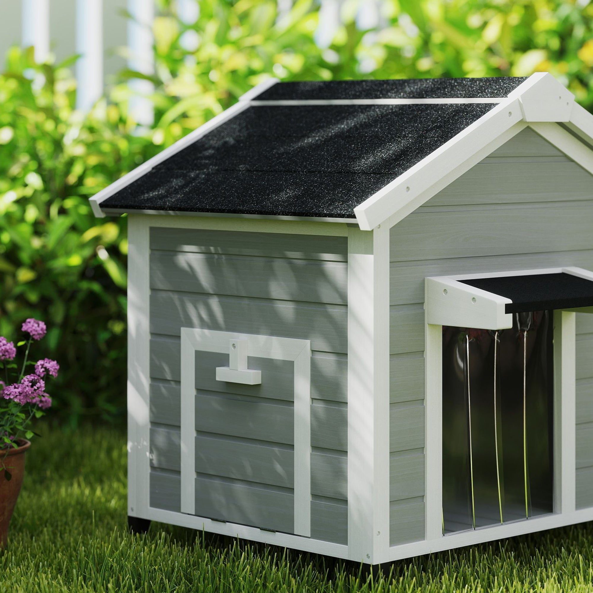 PawHut Wooden Dog House Outdoor with Openable Roof, Removable Floor, Curtain, Elevated Feet, for Medium Dogs, Light Grey