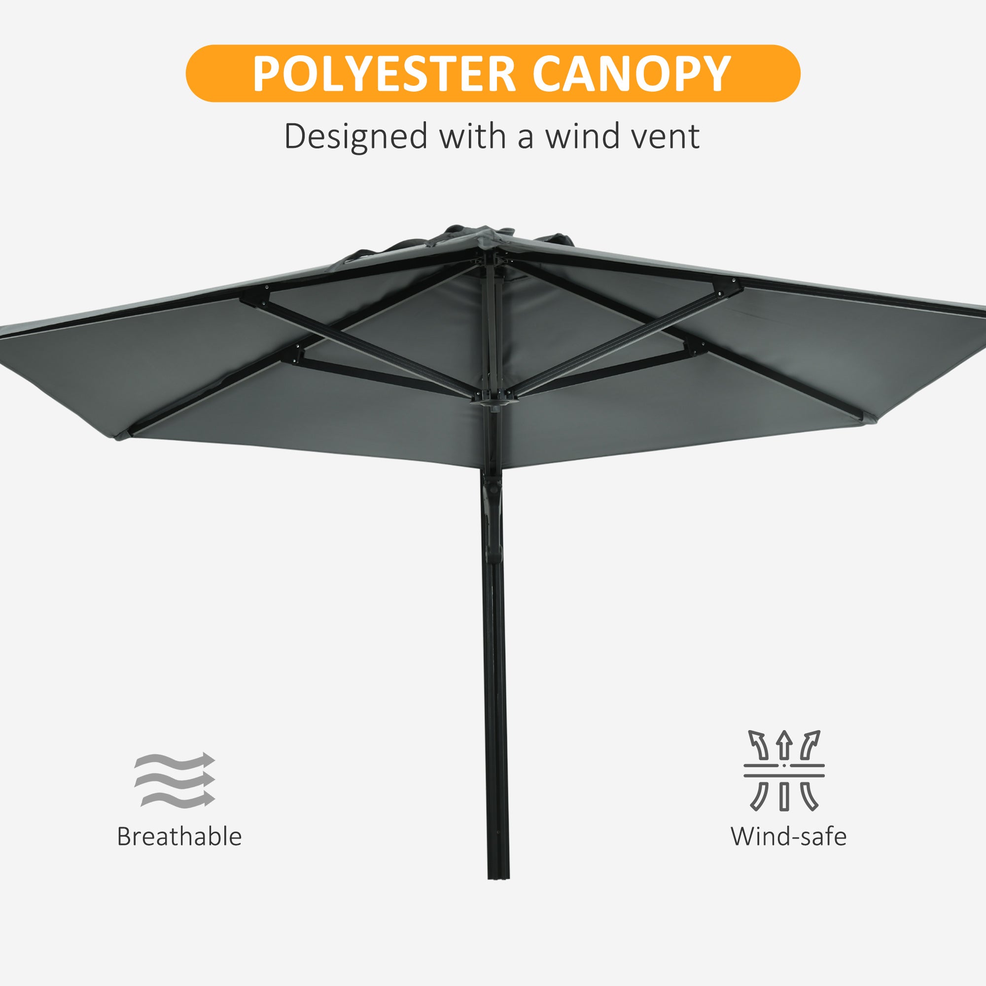 Outsunny 2.5m Wall Mounted Parasol, Hand to Push Outdoor Patio Umbrella with 180 Degree Rotatable Canopy for Porch, Deck, Garden, 250 cm, Grey - North Peak Garden Furniture
